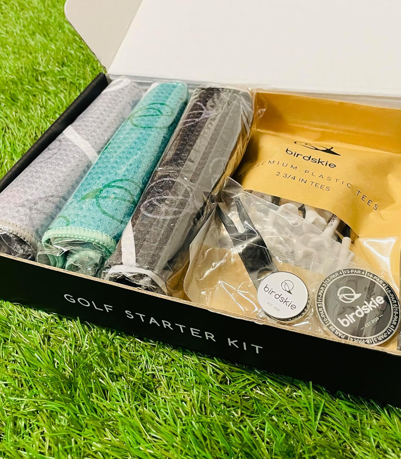 Premium Golf Starter Kit with 3 Waffle Design Towels, Divot Repair, hat Clip Ball Marker, Metal Poker chip Ball Marker and a Pack of 40 Plastic tees