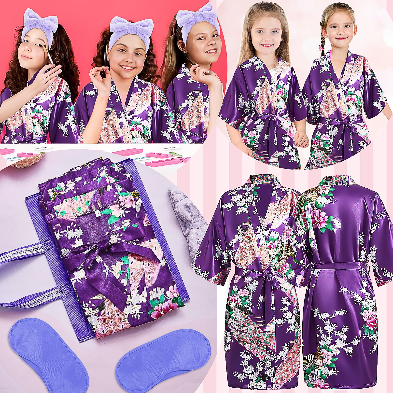 Peignoir, ensemble de fête spa pour filles – Comprend 6 peignoirs, 6 masques pour les yeux, 6 bandeaux, 6 sacs fourre-tout (style violet, taille étiquette 12), violet, 150