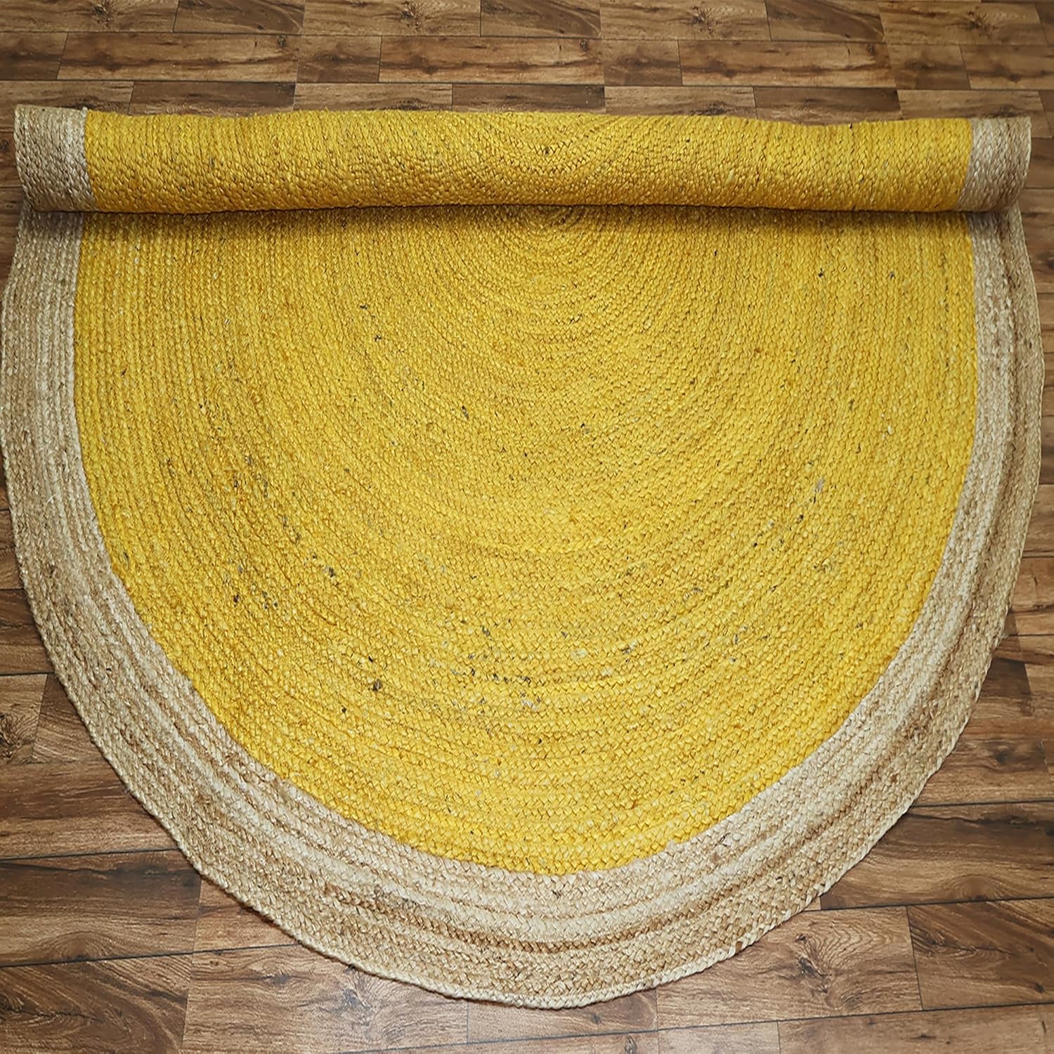 Handmade Jute Area Rug 13x13 Ft Natural Fiber Bordered Jute Rugs Yellow Round Boho Rug Thick 0.27" Hand Braided Rugs for High Traffic Area Doormat Entryway Under Table Living Room