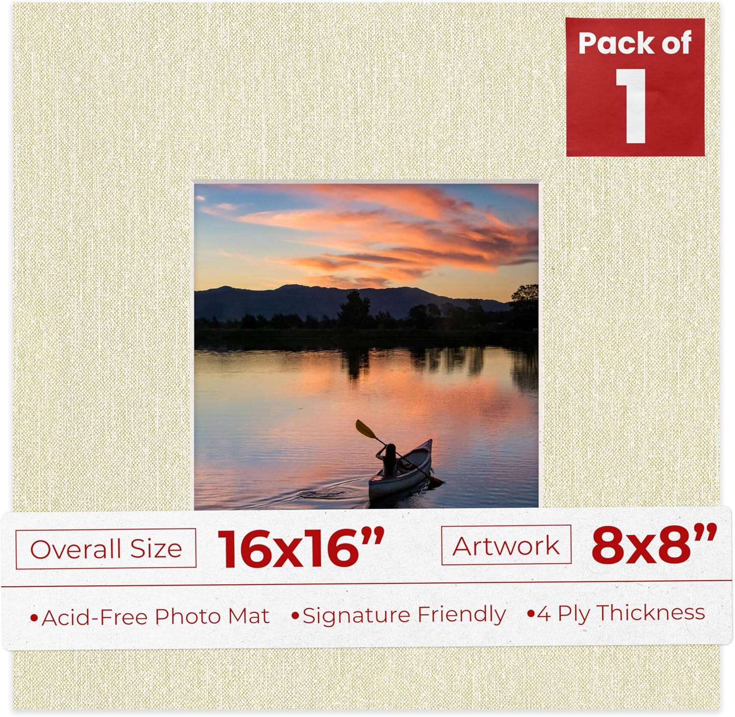 16x16 Mat Bevel Cut for 8x8 Photos - Acid Free Fresh Linen Canvas Precut Matboard With Backing Board and Crystal Clear, Self Seal Photo Mat Bag - For Pictures, Photos, Framing - 4-ply Thickness