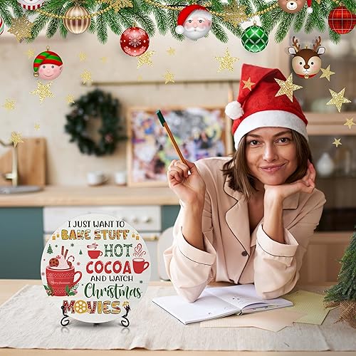 Miniatura 3 de Decoraciones navideñas para el dormitorio del hogar, letrero redondo de madera de cacao caliente con soporte de hierro para estante de mesa de