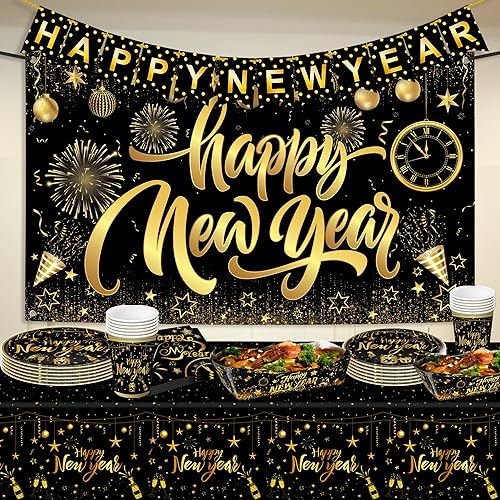 KatchOn, Juego de platos y servilletas de Año Nuevo, paquete de 117  Cartel de Feliz Año Nuevo  Sirve 25 platos y servilletas de Año Nuevo, vasos,