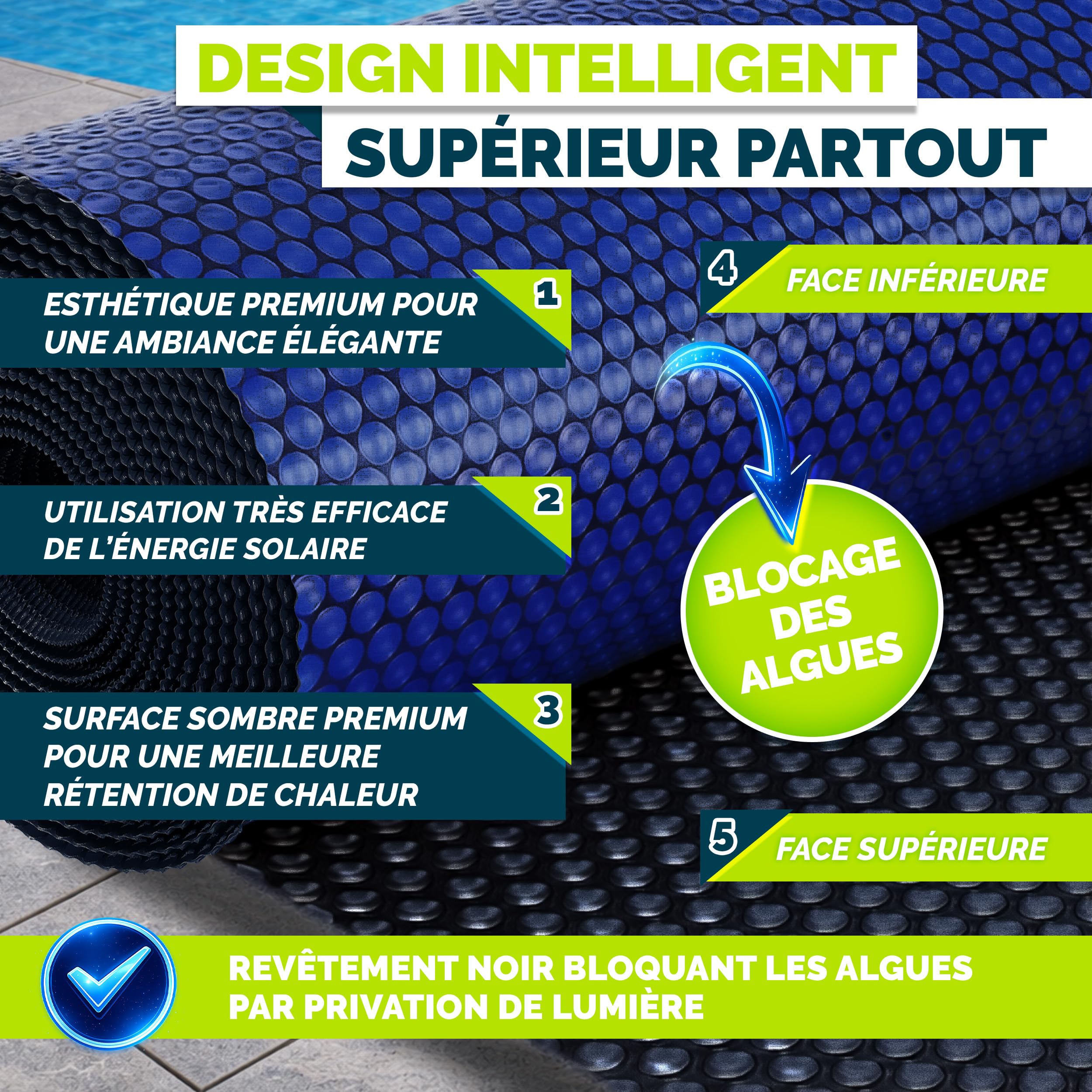 tillvex® Bâche solaire pour piscine de qualité supérieure - 400 µm - Rectangulaire - 450 x 220 cm - Découpable