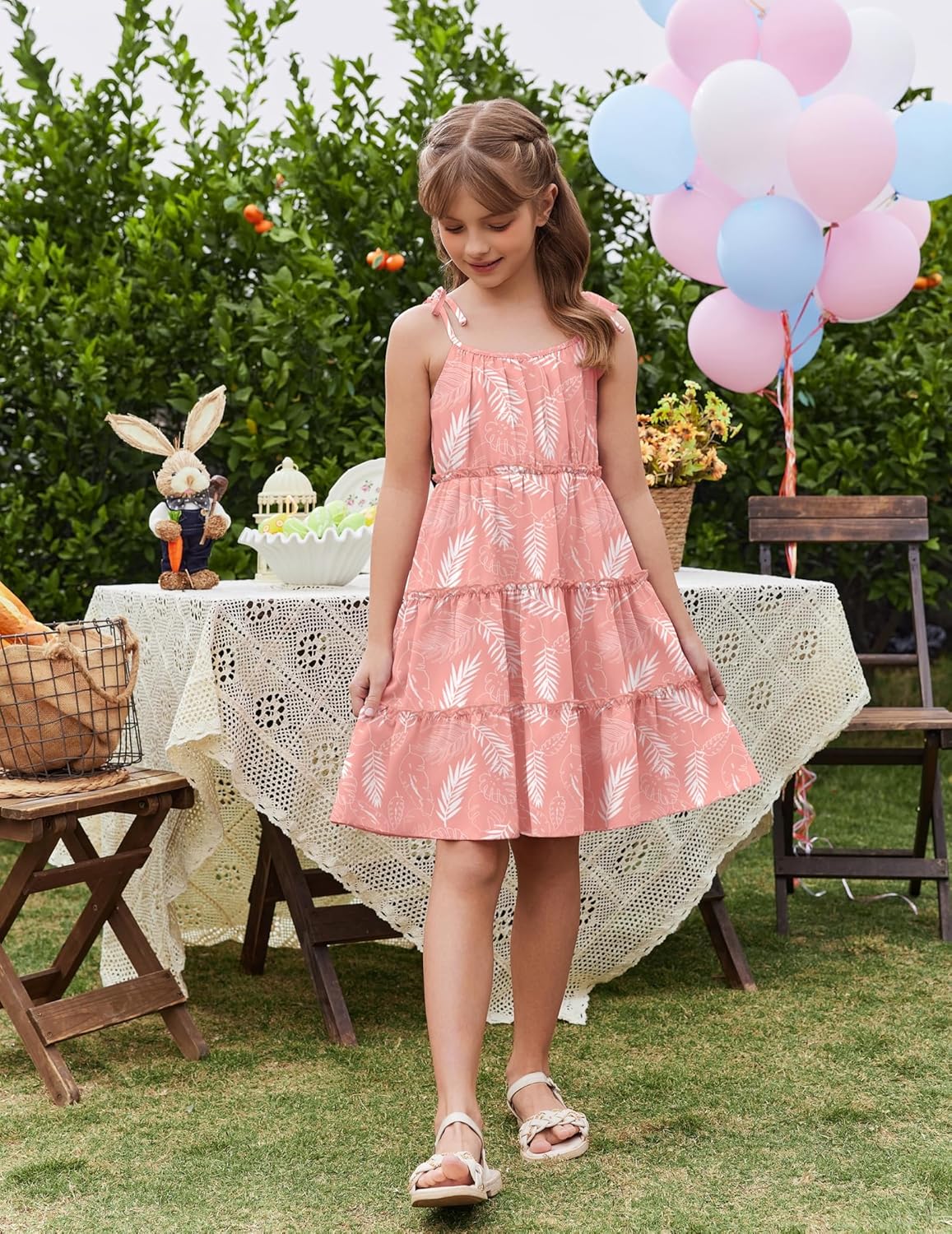 Arshiner Girls' Summer Sundress Boho Spaghetti Strap Ruffled Tiered Dresses Casual Midi Cami Dress - Image 3