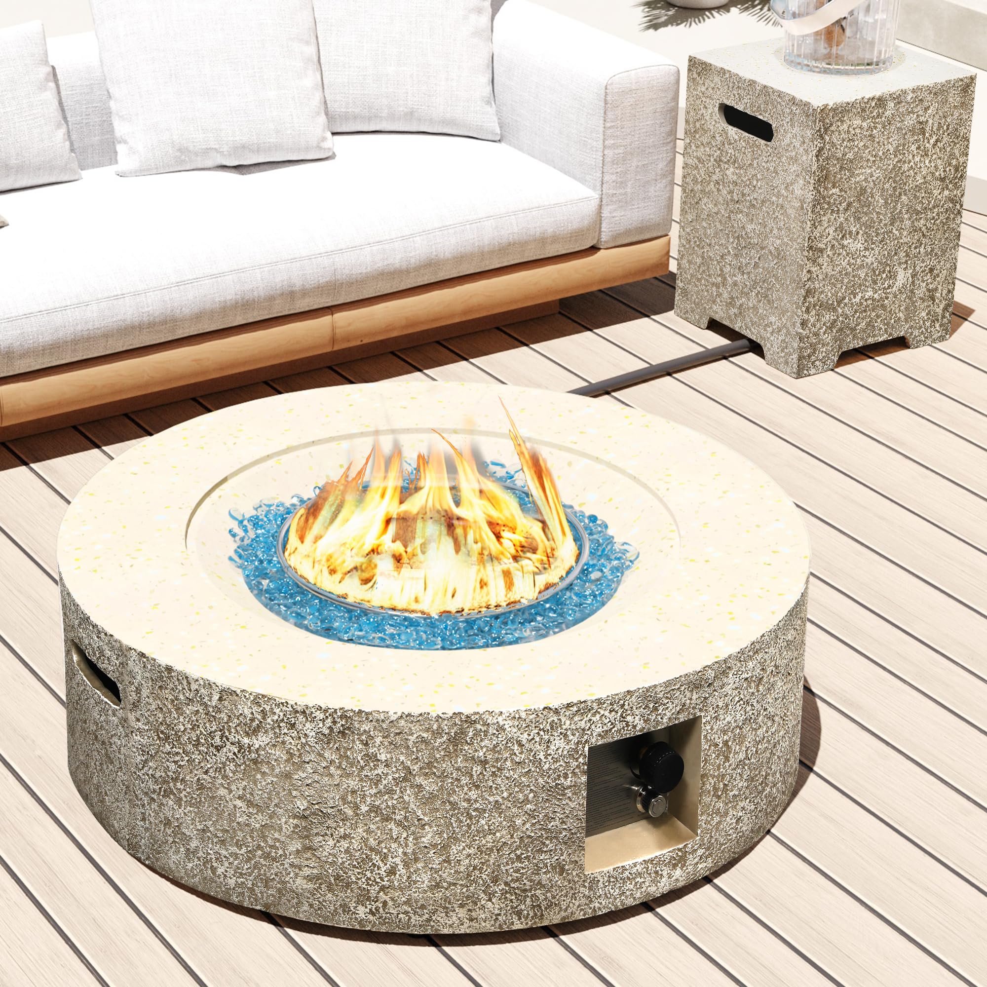 UPHA 42-inch Outdoor Propane Gas Fire Pit Table 50000 BTU Concrete Round FirePit for Outside Patio with Propane Tank Cover, Blue Glass Rocks, Rain Cover, Beige Texture
