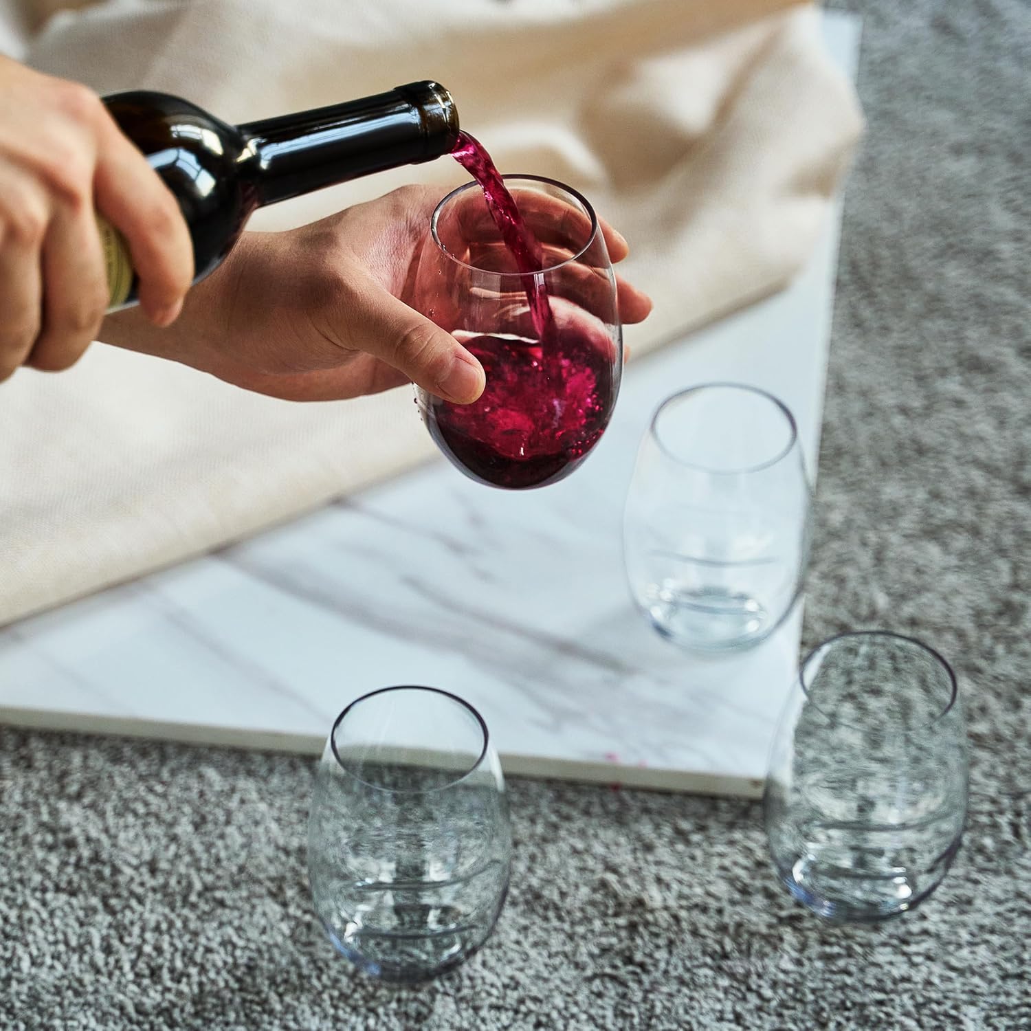 Unbreakable European Plastic Crystal, Stemless Wine Glasses | Set of 4, 13.5 OZ | Acrylic Tritan Set with 3-Finger Indentations - Clear Short Tumbler Set, BPA Free, Reusable, Naturally Aerates Wine - Image 3