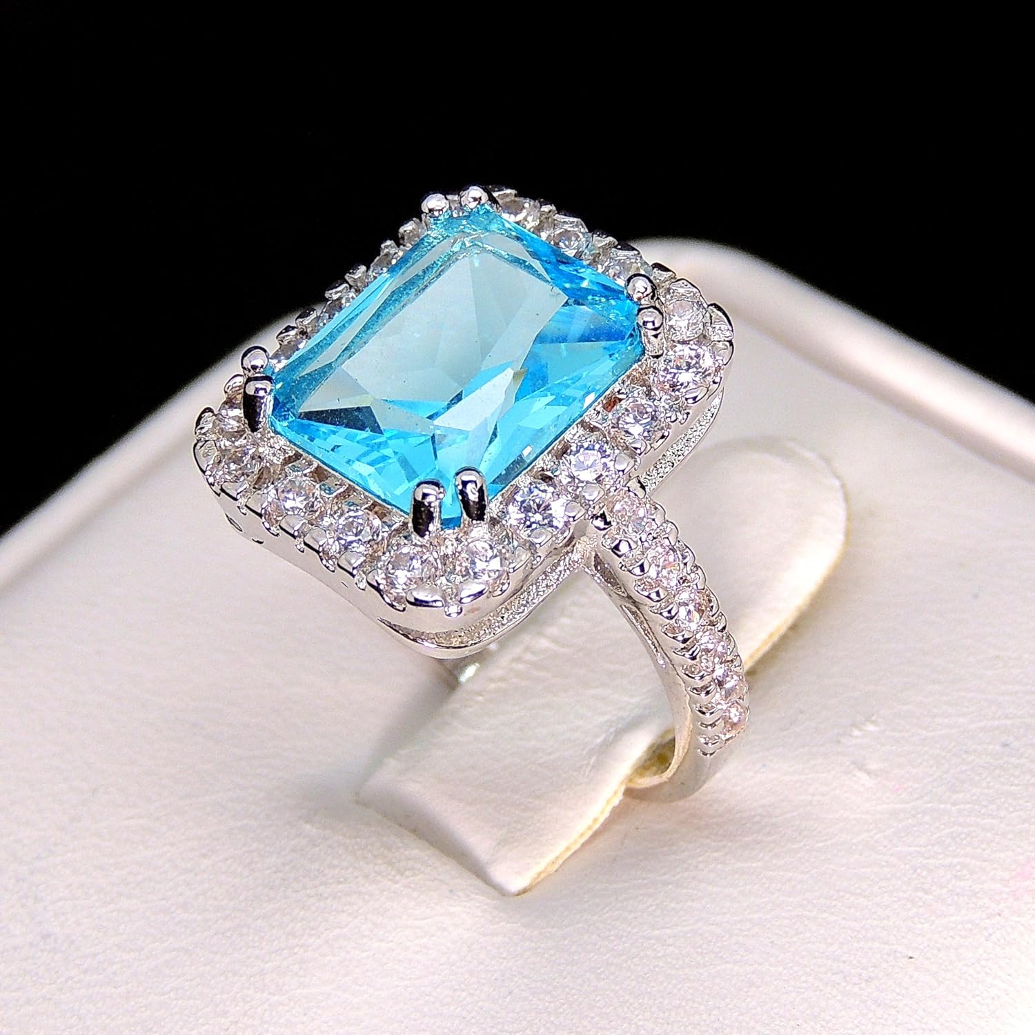 Gina Statement Ring for Women by Ginger Lyne | Simulated Blue Topaz Exaggerated 6 Carat Radiant Cut Fashion Ring for Her | Gifts for Mom or Grandmother