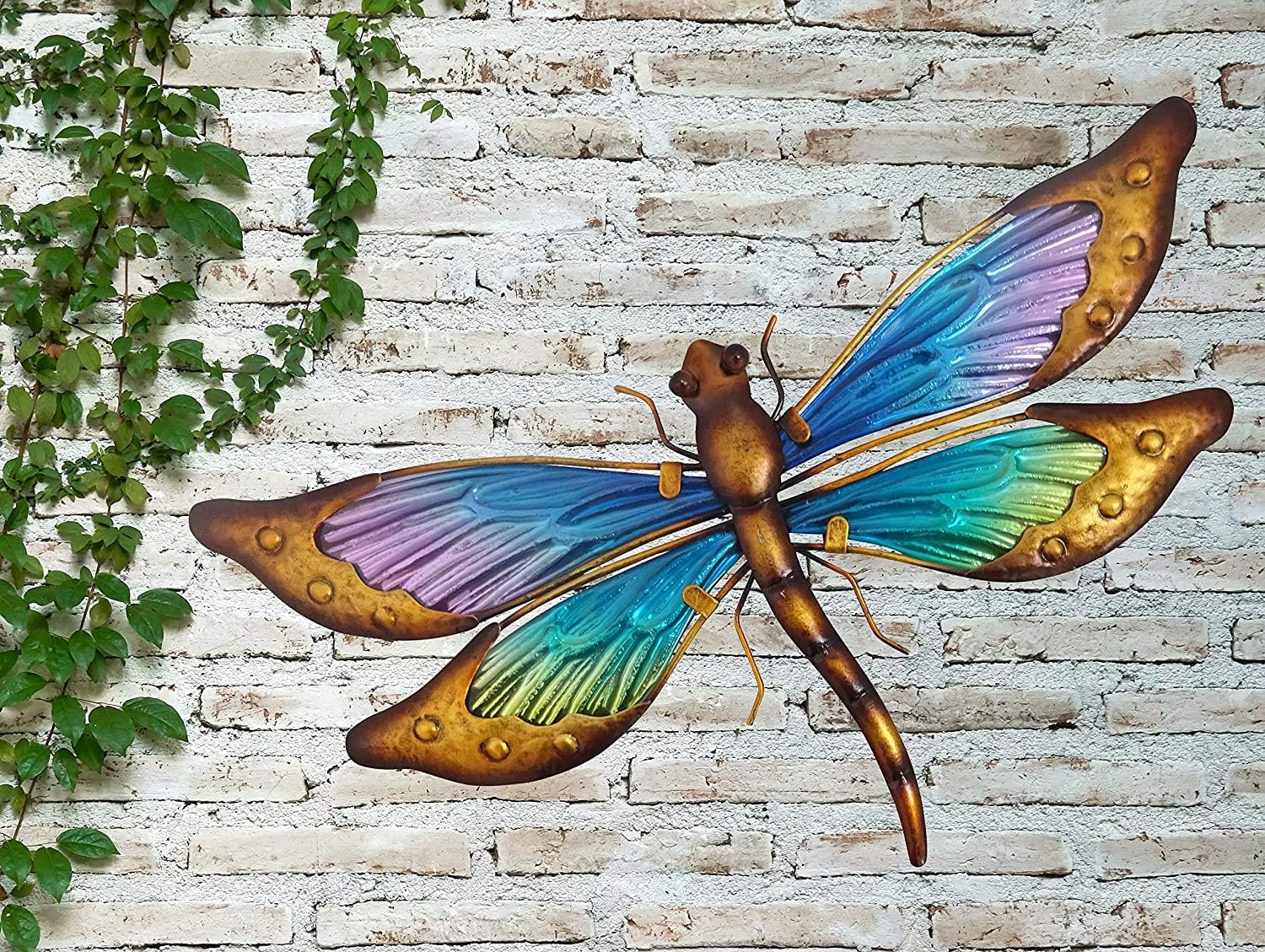 Creekwood Animal Dragonfly Glass/Metal Garden Wall Art Decoration, Gold/Blue, (W31 x H18.5 cm)