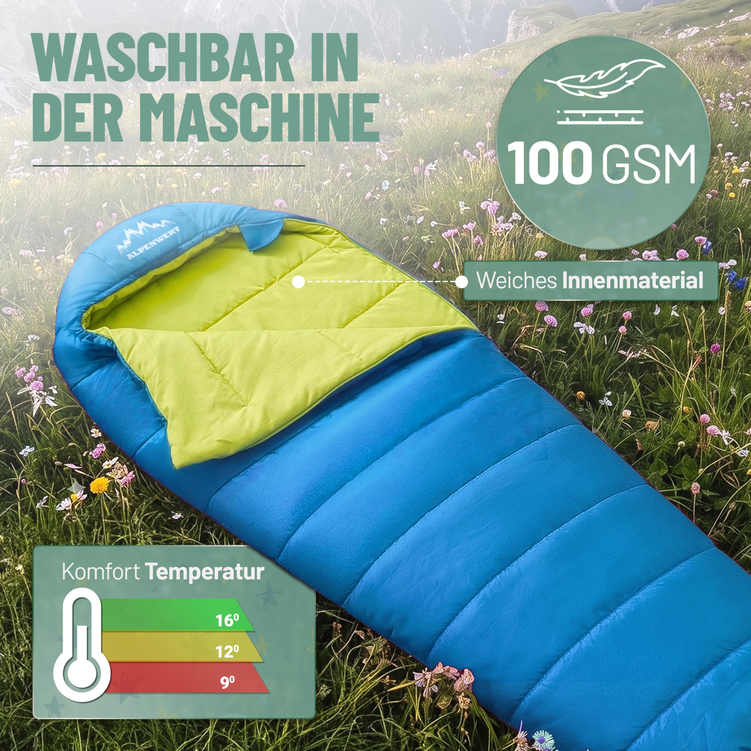 ALPENWERT® Kinderschlafsack Sommer – wächst mit! [130–170 cm] – Nur 920g, Kompakt [32×19 cm] – Perfekt für Camping, Festival, Outdoor – Mumienschlafsack ab 6 Jahren