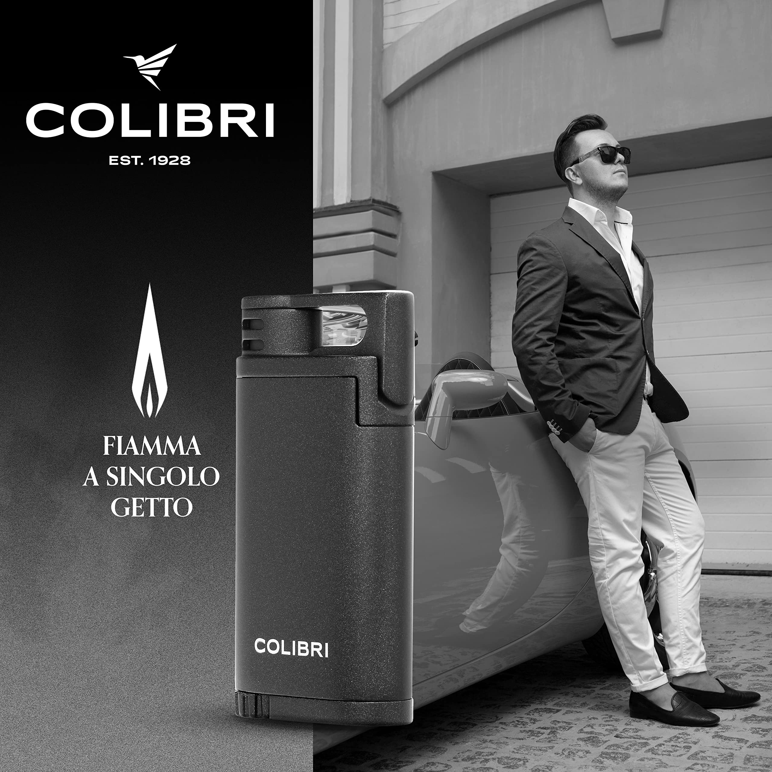 Accendino Antivento Colibri Belmont a Fiamma Singola - Ricaricabile Funziona Con Gas Butano (non Incluso) - Grande Rotella per la Regolazione Fiamma - Finestra Per Livello Gas - Confezione Regalo