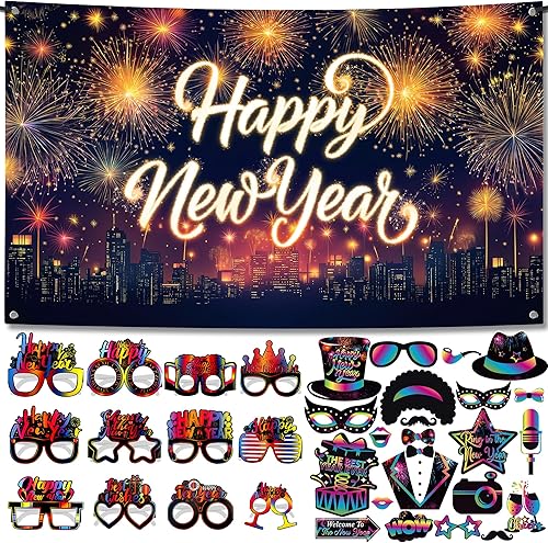 Miniatura 9 de KatchOn, Suministros para fiesta de Año Nuevo 2024, juego de 48  Cartel de feliz año nuevo negro y dorado, accesorios para fotos de Año Nuevo,