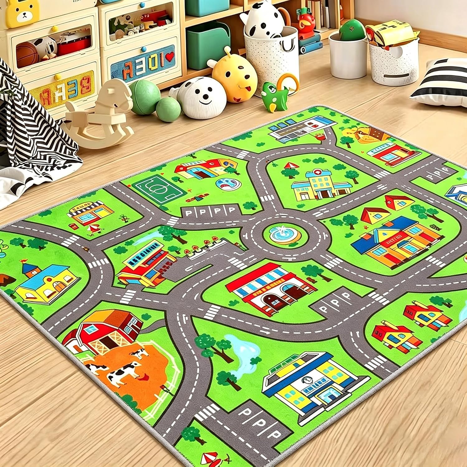 Kids Car Play Rug, 59"x35.4" Non-Slip Green Town City Road Map Rug, Washable Kids Carpet Playmat for Playroom Bedroom Nursery