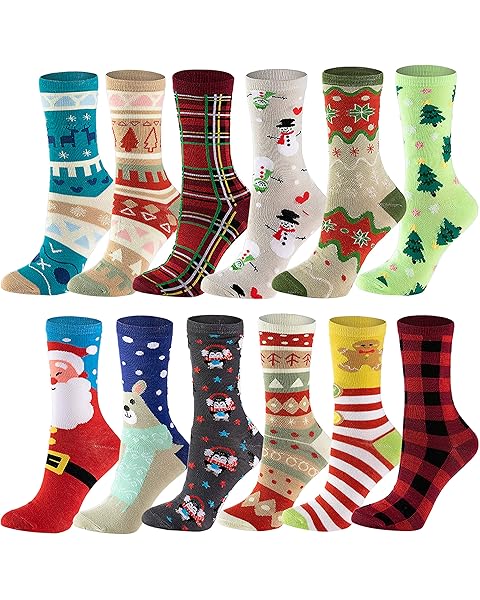 JOYIN 12 PCS Christmas Socks Women Colorful Funky Paint Splash Patterned Crew Socks for Christmas, Holiday or Birthday Gift