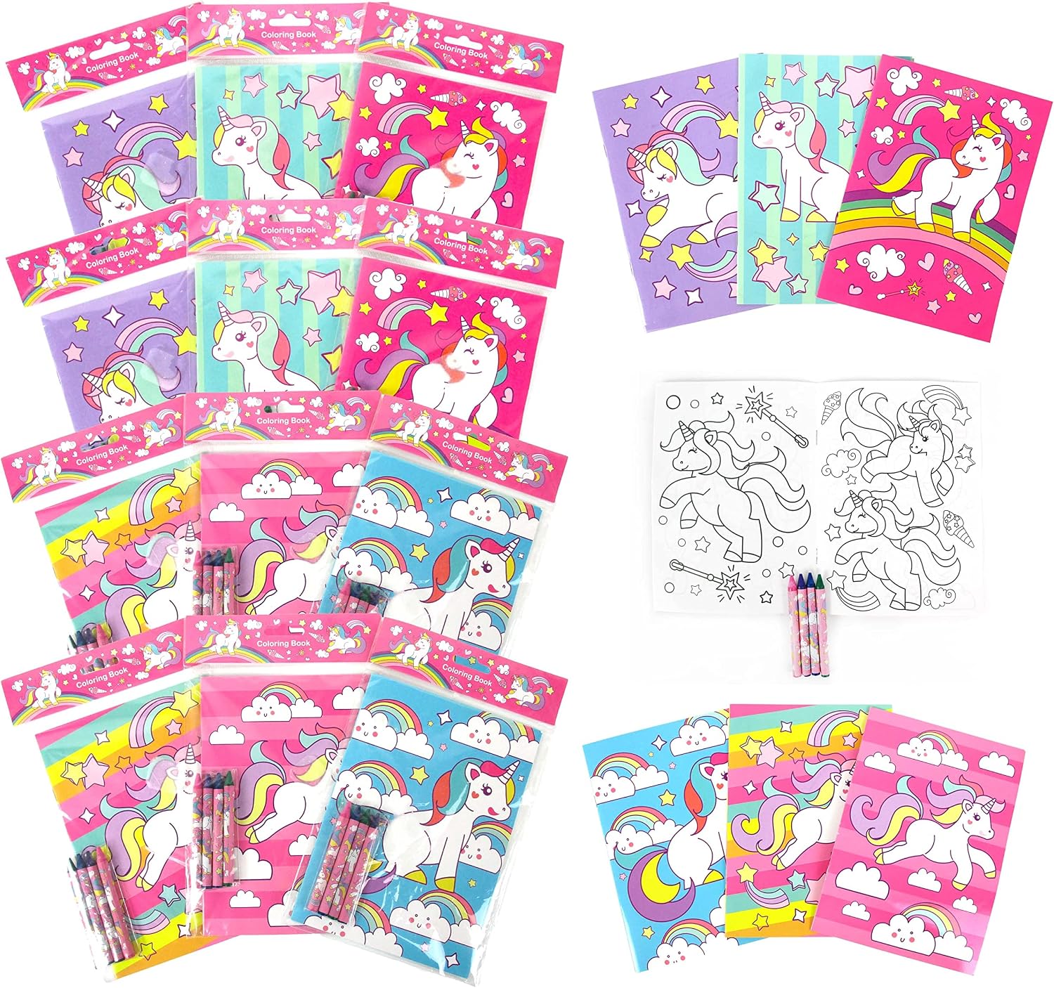 TINYMILLS Unicorn Coloring Book Set for Kids Party Favors with 12 Coloring Books and 48 Crayons Unicorn Birthday Party Favor Bag Filler Unicorn Party Supplies Carnival Prizes Classroom Rewards