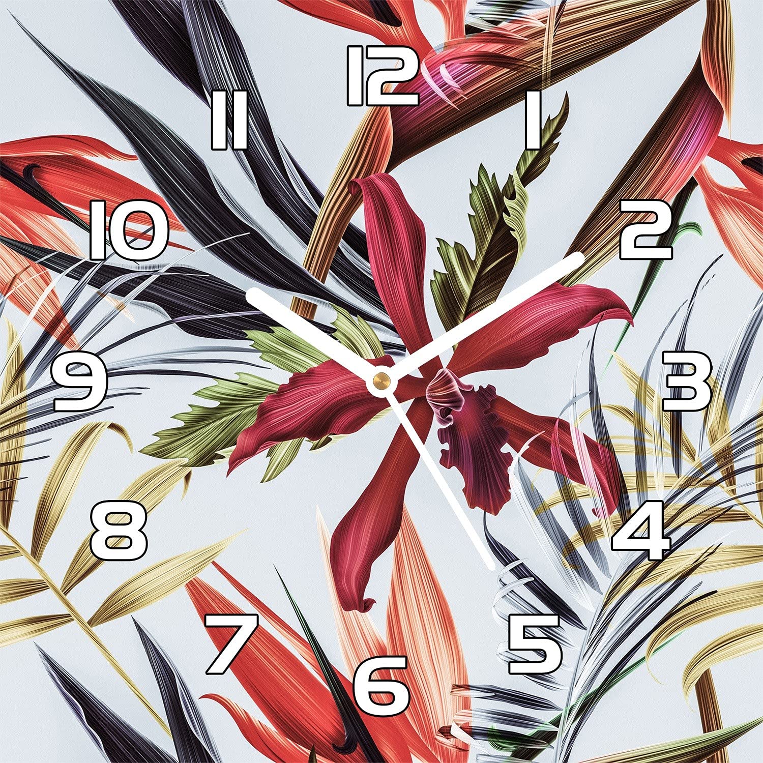 Horloge en verre 30x30 cm Plantesleaves - Pendule murale moderne de cuisine au design épuré