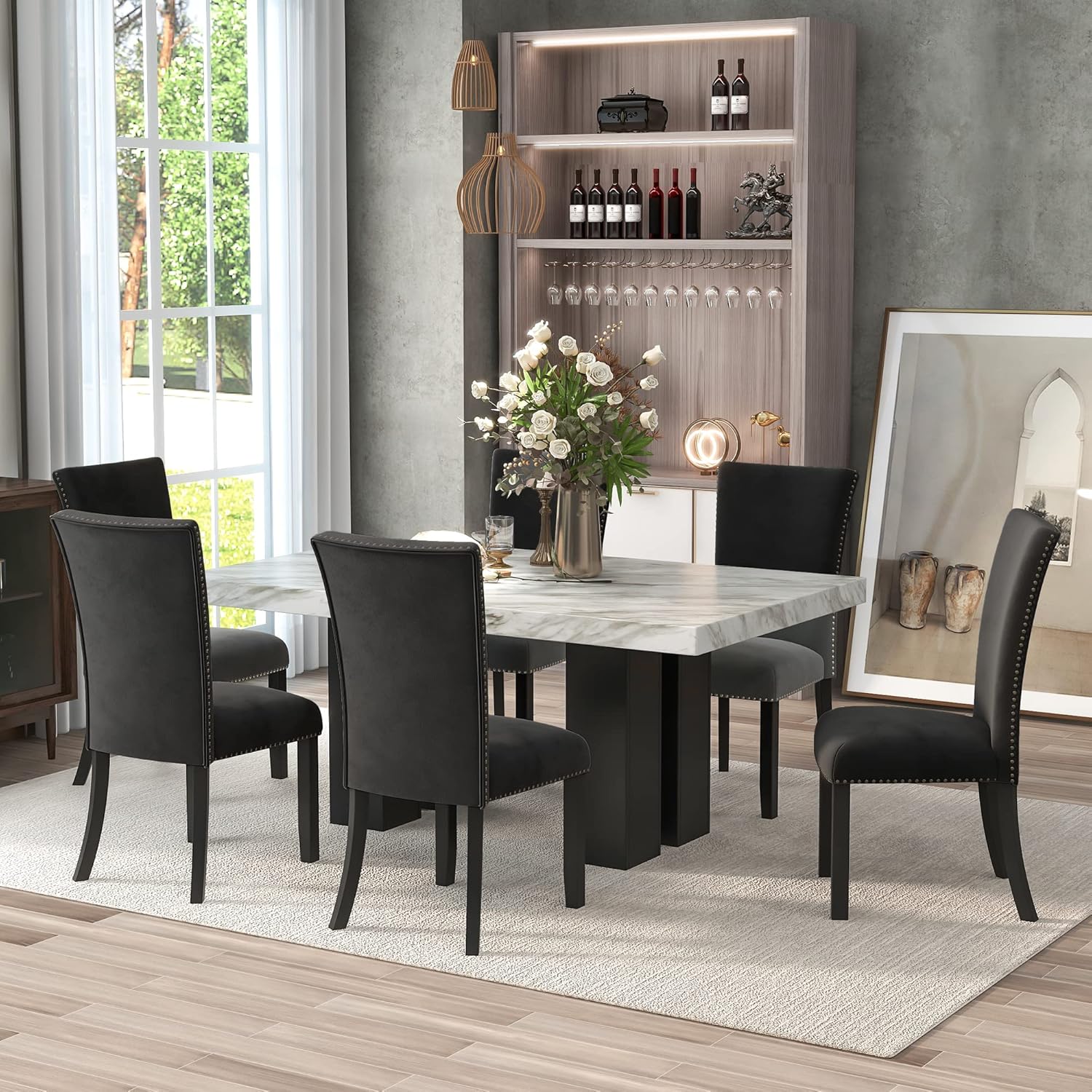 DEINPPA 7 Piece Dining Table Set with 1 Faux Marble Dining