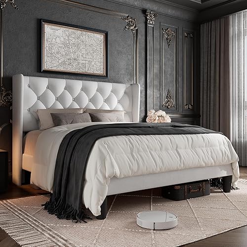 Miniatura 14 de Base de cama tamaño Queen con cabecera capitoné con botones, plataforma tapizada con almacenamiento debajo de la cama, soportes de listones de Gris