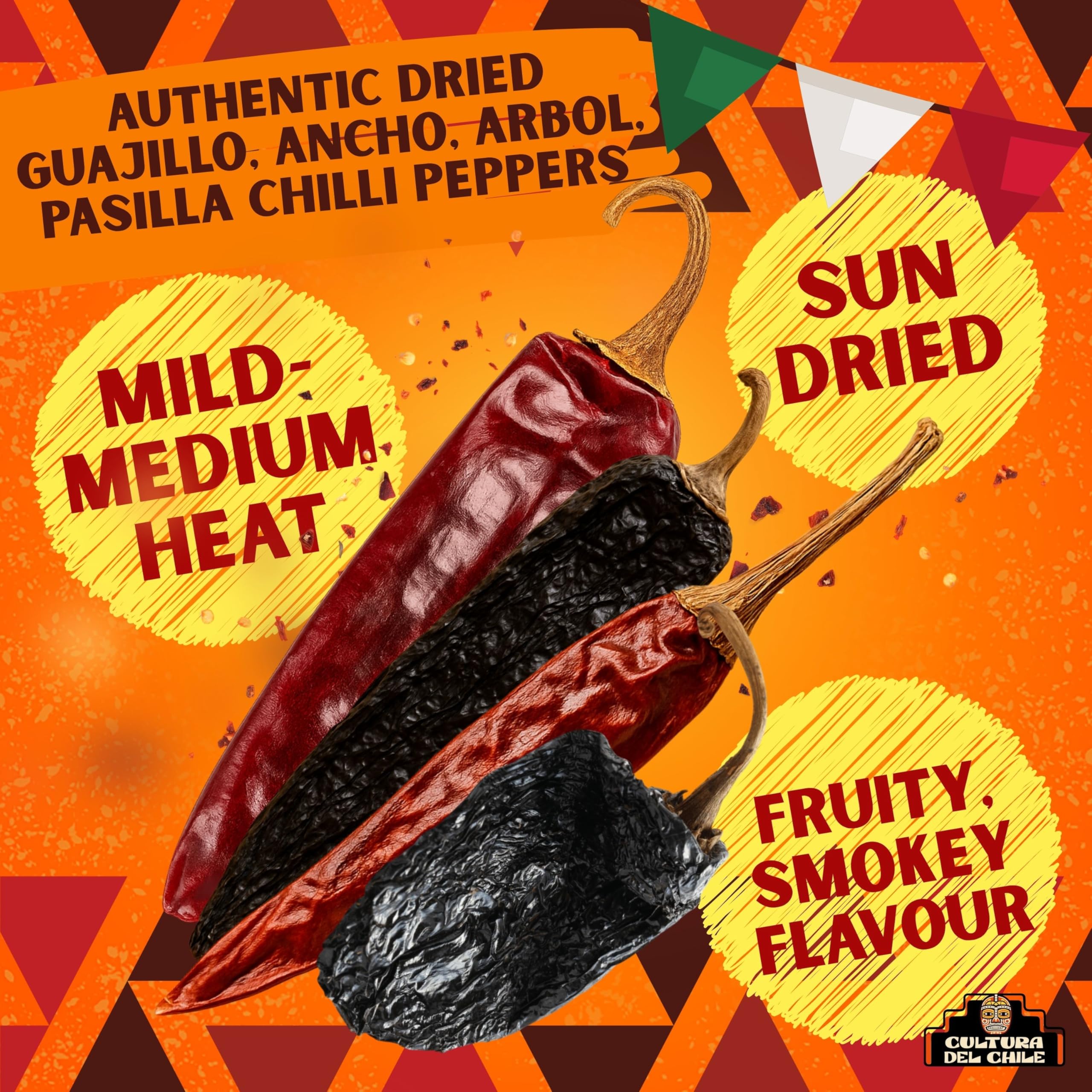 Piments secs entiers mexicains : ancho, guajillo, arbol et pasilla (300 g au total). Piments de base naturels pour un goût mexicain authentique. Idéal pour les tacos Birria, les taupes, les tamales et