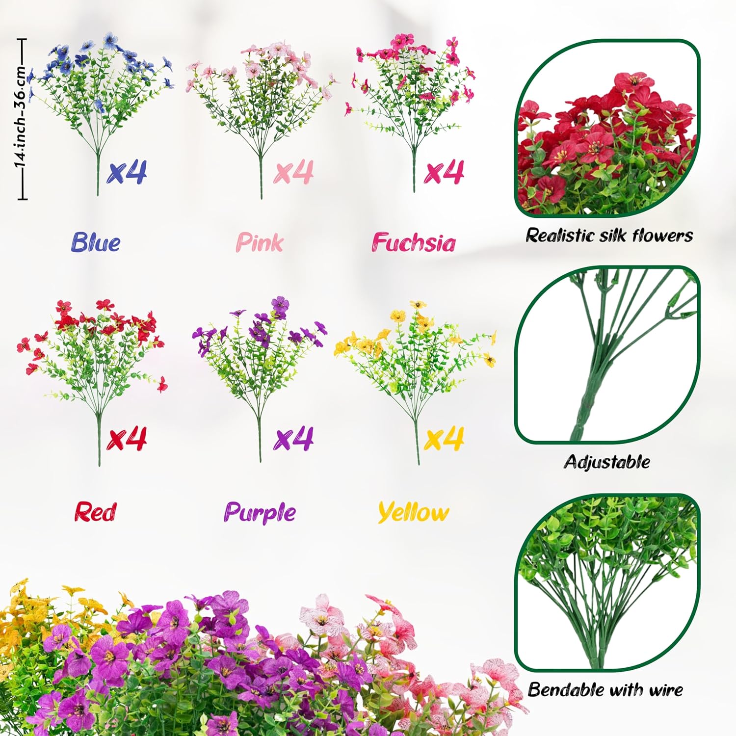 Artificial Flowers for Outdoors, 24 Bouquet Bunches - Fake Indoor and Outdoor Faux Plants - Front Porch and Patio Decor - UV Resistant Silk - Realistic Outside Wedding or Cemetery Grave Decoration - Image 2