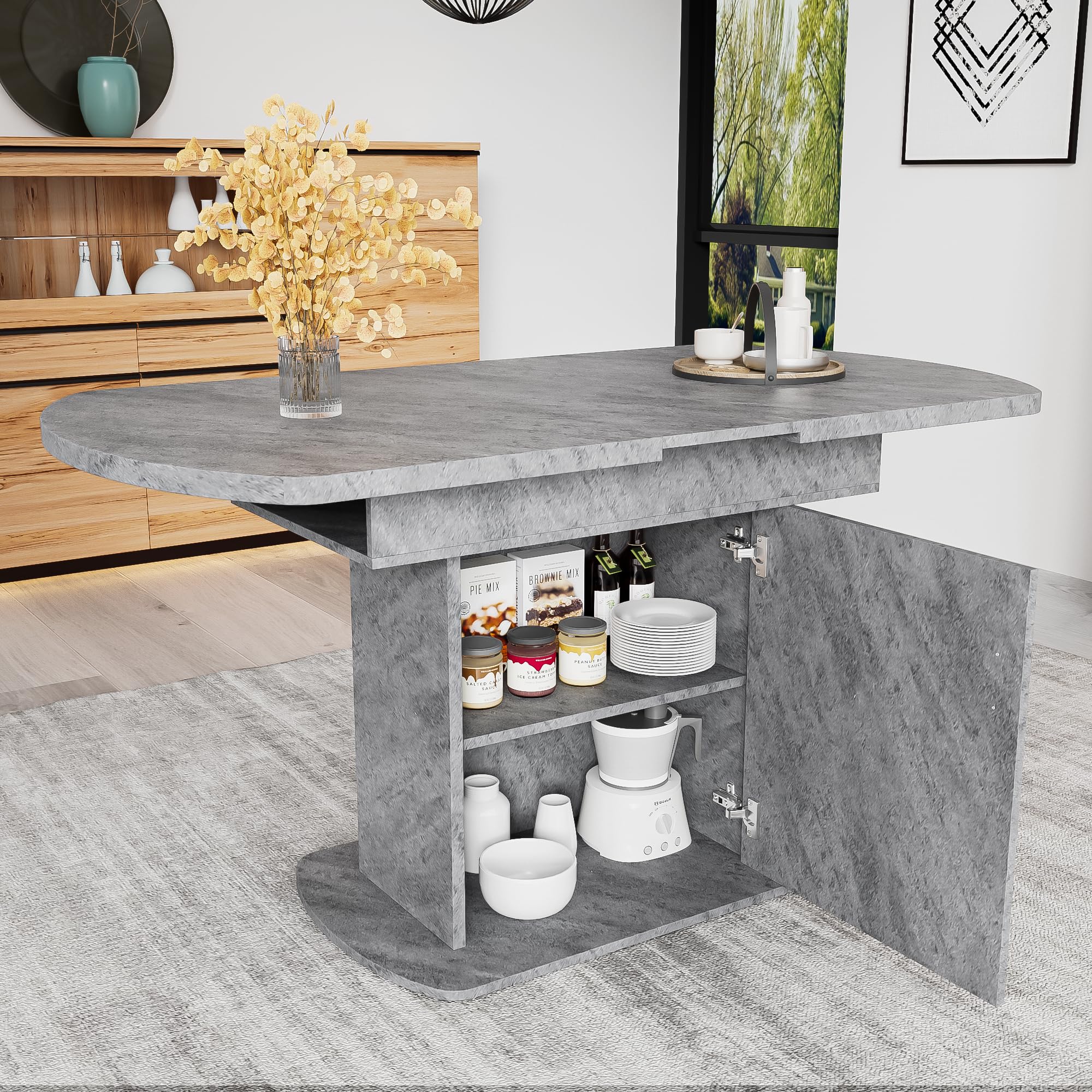 Merax Extendable Oval Dining Table with Storage, Space Saving Kitchen Table with Storage Cabinets, for Dining Room, Home Office, Cement Grey/110-130×70x75cm