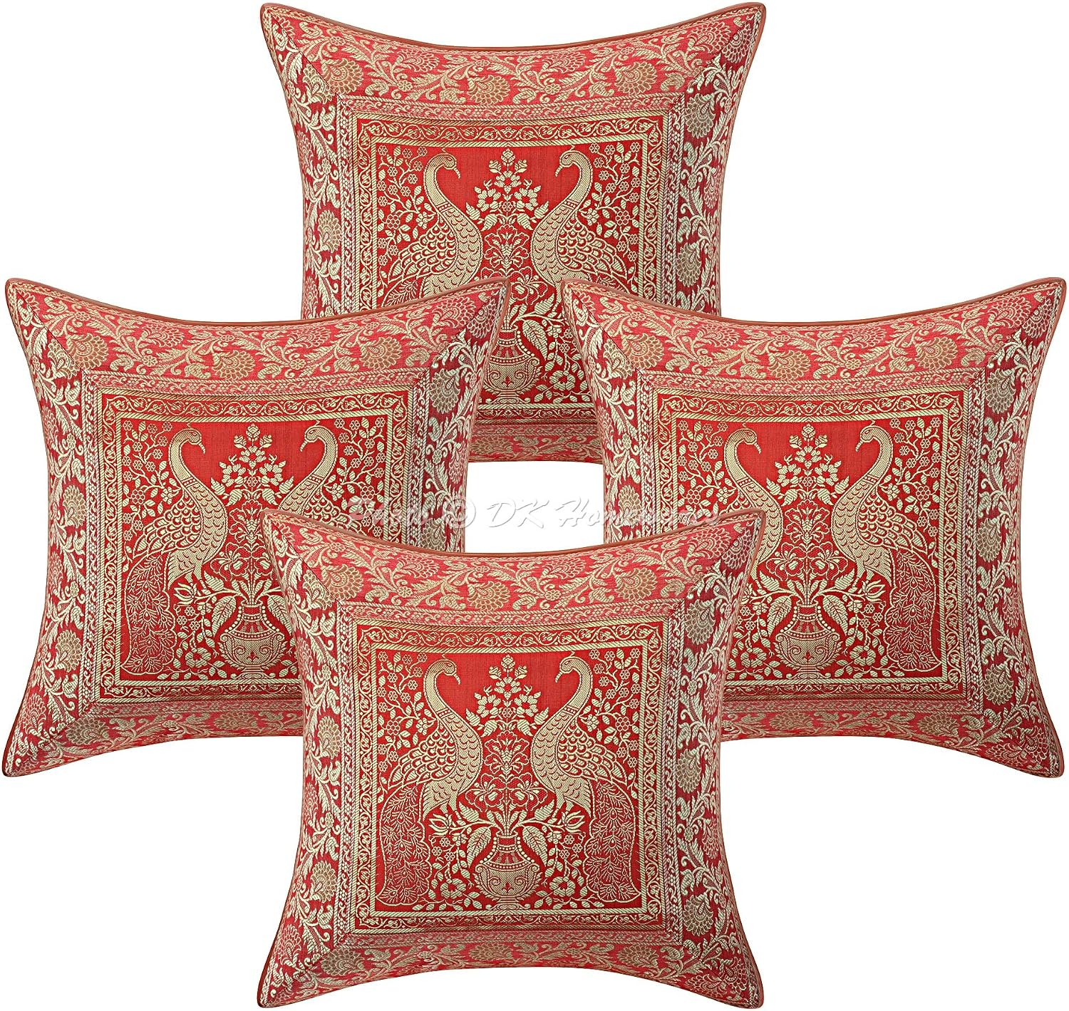 Decorative Peacock Throw Pillowcases 16 x 16 Inch Brocade Jacquard Weave Indian Square Cushion Covers (Size - 40x40 cm ; Color: Red & Gold) - Set of 4 Pcs (Cover Only)