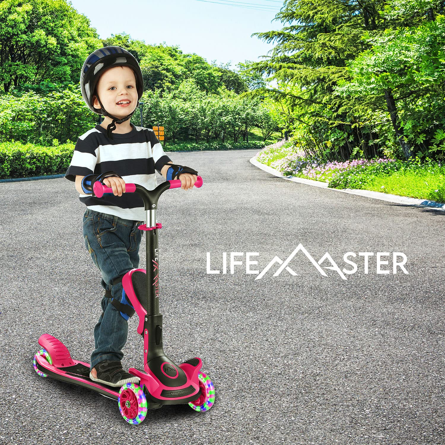 Kids Scooter – Foldable Seat – LED Wheel Lights Illuminate When Rolling – Children and Toddler 3 Wheel Kick Scooter – Adjustable Handlebar – Indoor and Outdoor- Pink - by Lifemaster