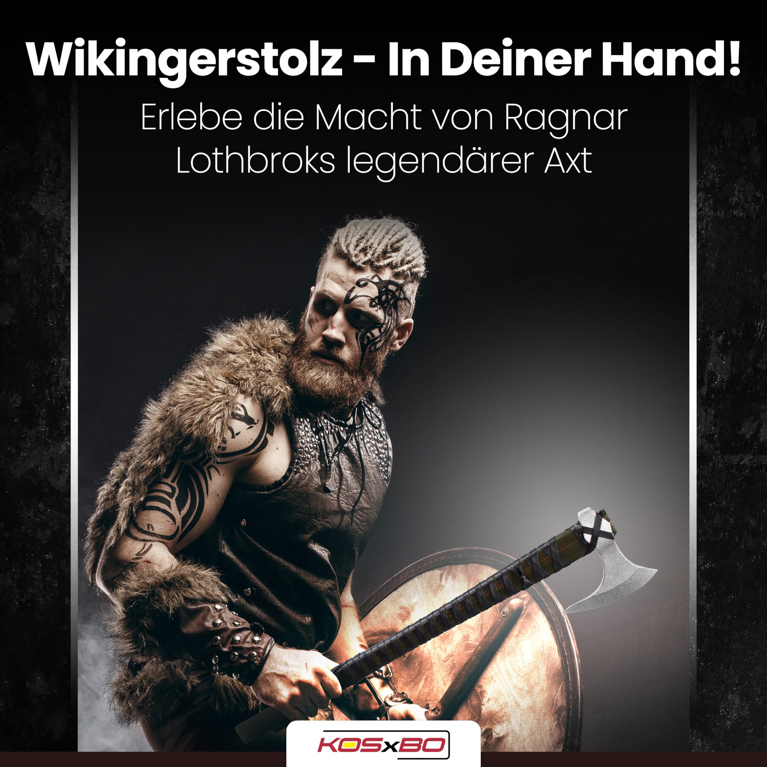 Wikinger Axt - Ragnar Lothbroks Kriegsaxt - Kampfaxt Vikinger - Streitaxt Metall - 63 cm Deko Wikinger Kampfaxt mit Schild aus Holz