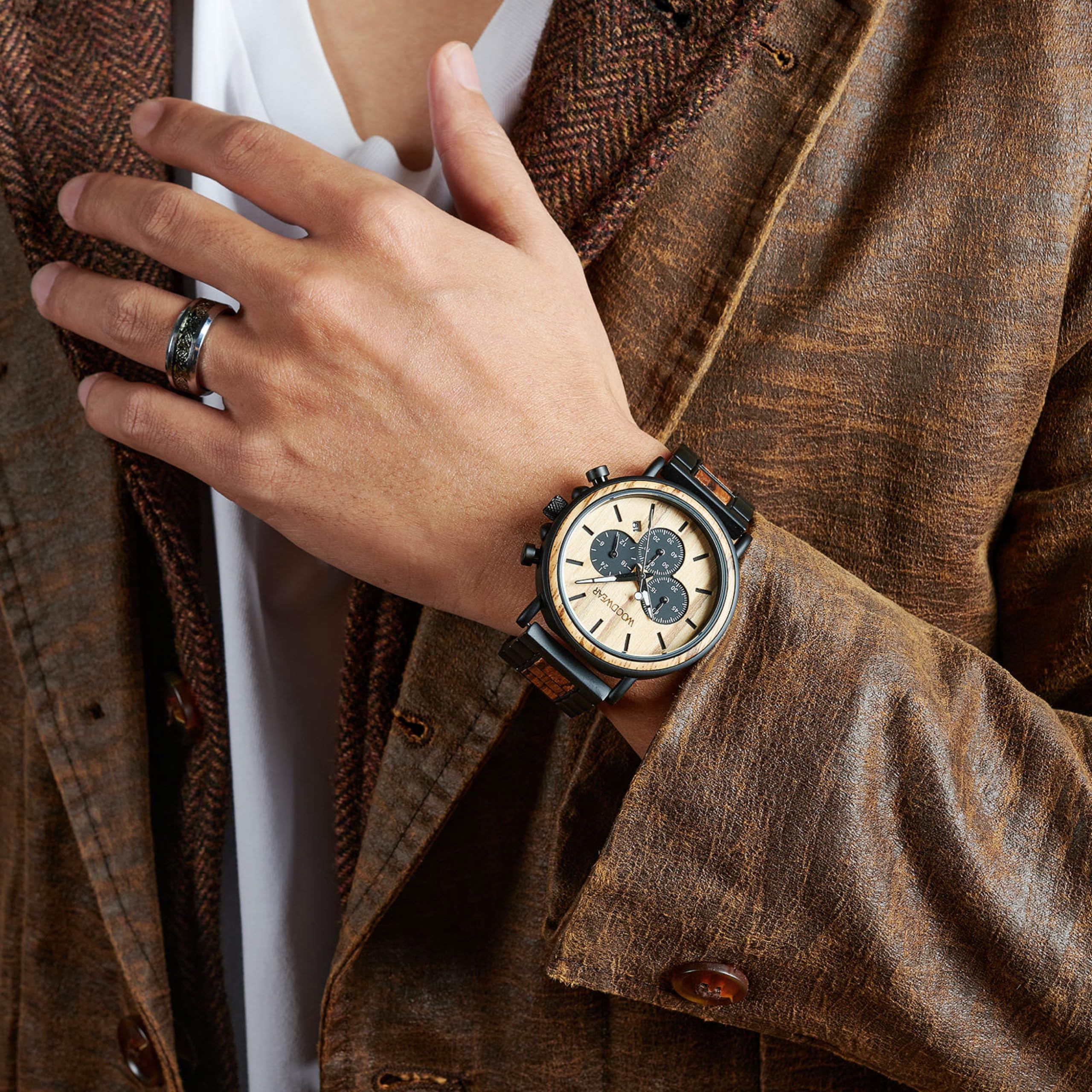 woodwear Cronografo da uomo "Zeitgeist" – Orologio da polso in legno e acciaio inox, design sostenibile, movimento al quarzo giapponese, cinturino in legno, elegante orologio da uomo, fatto a mano