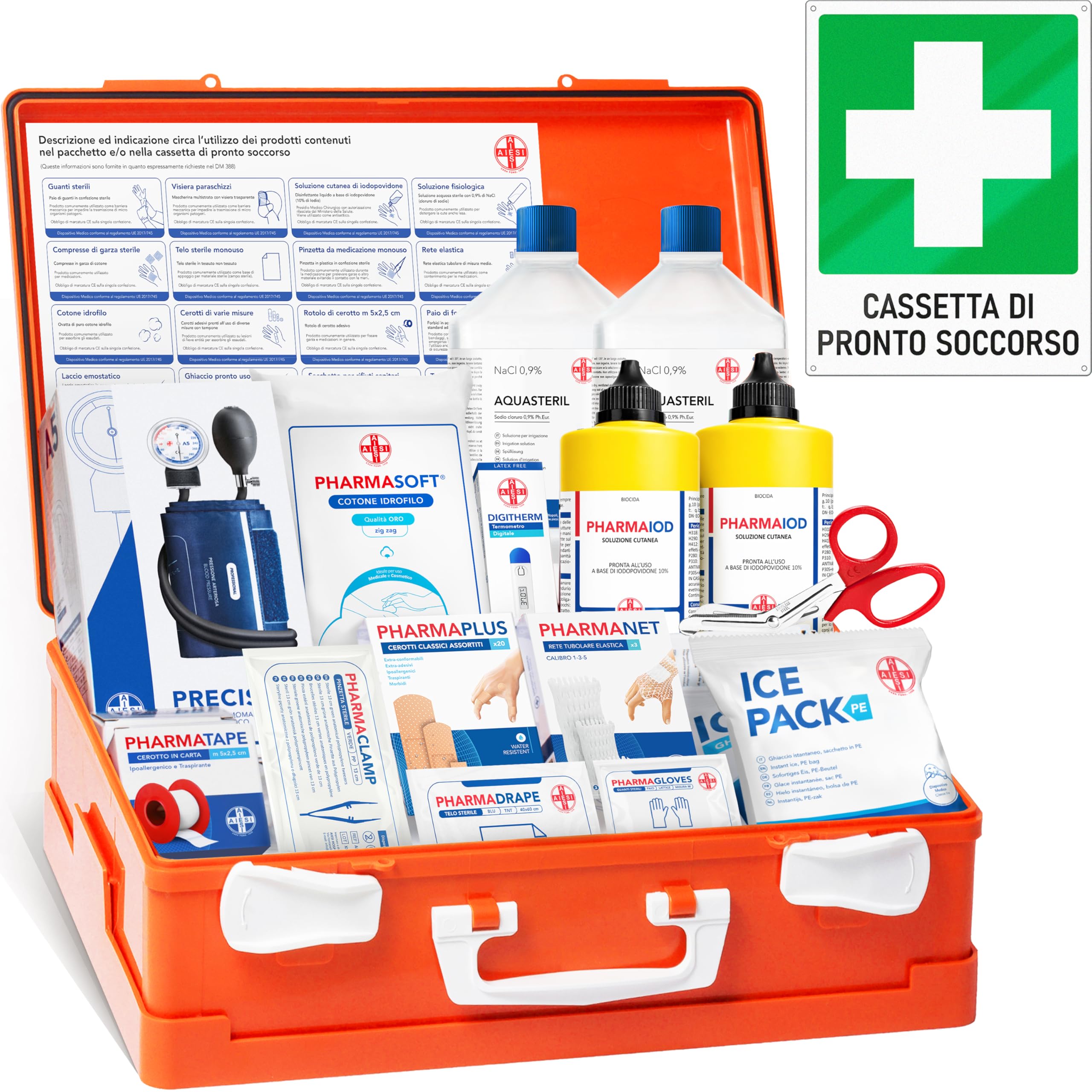 AIESI® Cassetta medica di pronto soccorso ALLEGATO 1 CON SFIGMOMANOMETRO per aziende più 3 dipendenti, Cartello segnaletico in alluminio, Conforme DM388/DL81, Made in Italy