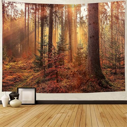 FENDROM Tapiz otoñal de árboles de otoño, sol vibrante en el bosque, colgante de pared con sol dorado, paisaje de bosque de plantas y hojas,
