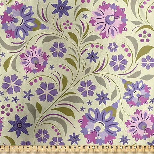 Miniatura 2 de Ambesonne Garden Art Fabric by The Yard, Pale Toned Background with Spring Flowers with Swirled Leaves, Decorative Satin Fabric for Home Textiles