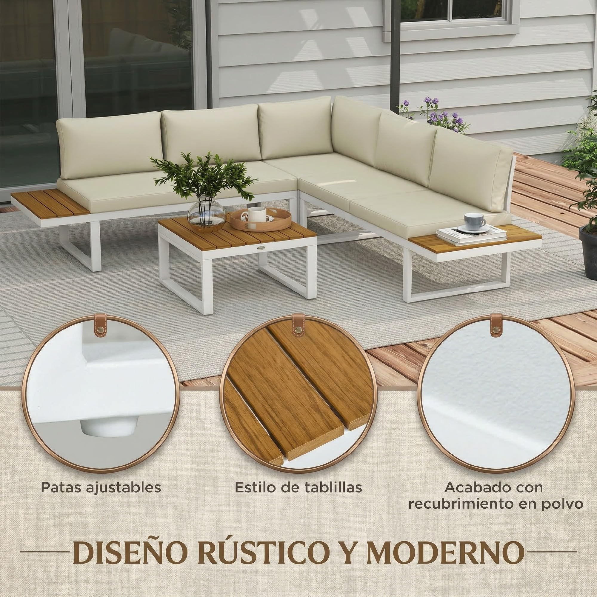 Outsunny Conjunto de Muebles de Jardín Exterior 4 Piezas Juego de Muebles de Terraza Incluye 2 Sofás Dobles 1 Sofá Esquinero Reclinable y Mesa de Centro Mesita Lateral con Cojines para Patio Crema