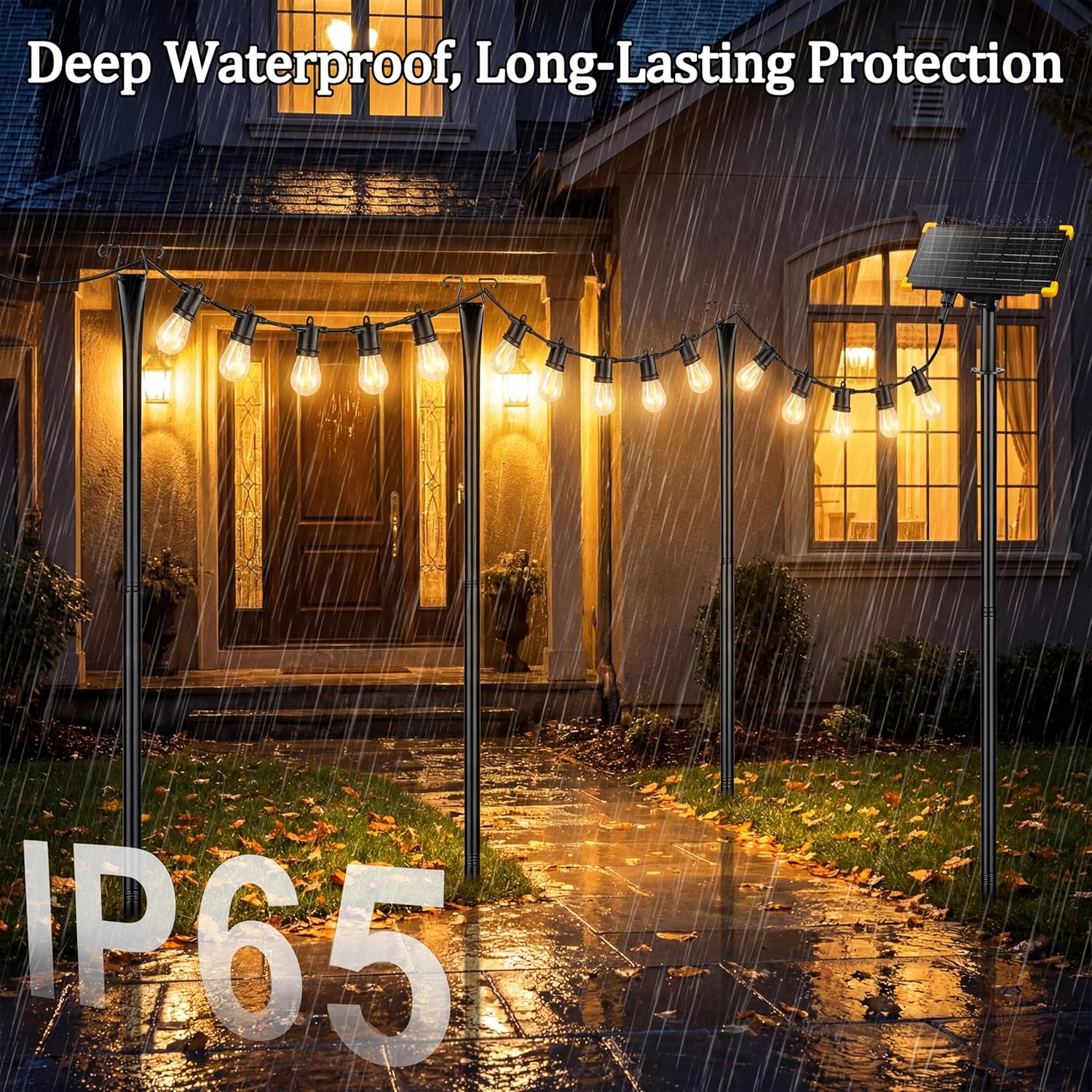 4 Pack Outdoor String Light Poles with Solar Panel & 590 Inch LED String Lights, Heavy Duty Metal Light Pole for Patio, Backyard, Garden, Wedding, Party & Front Porch Decor