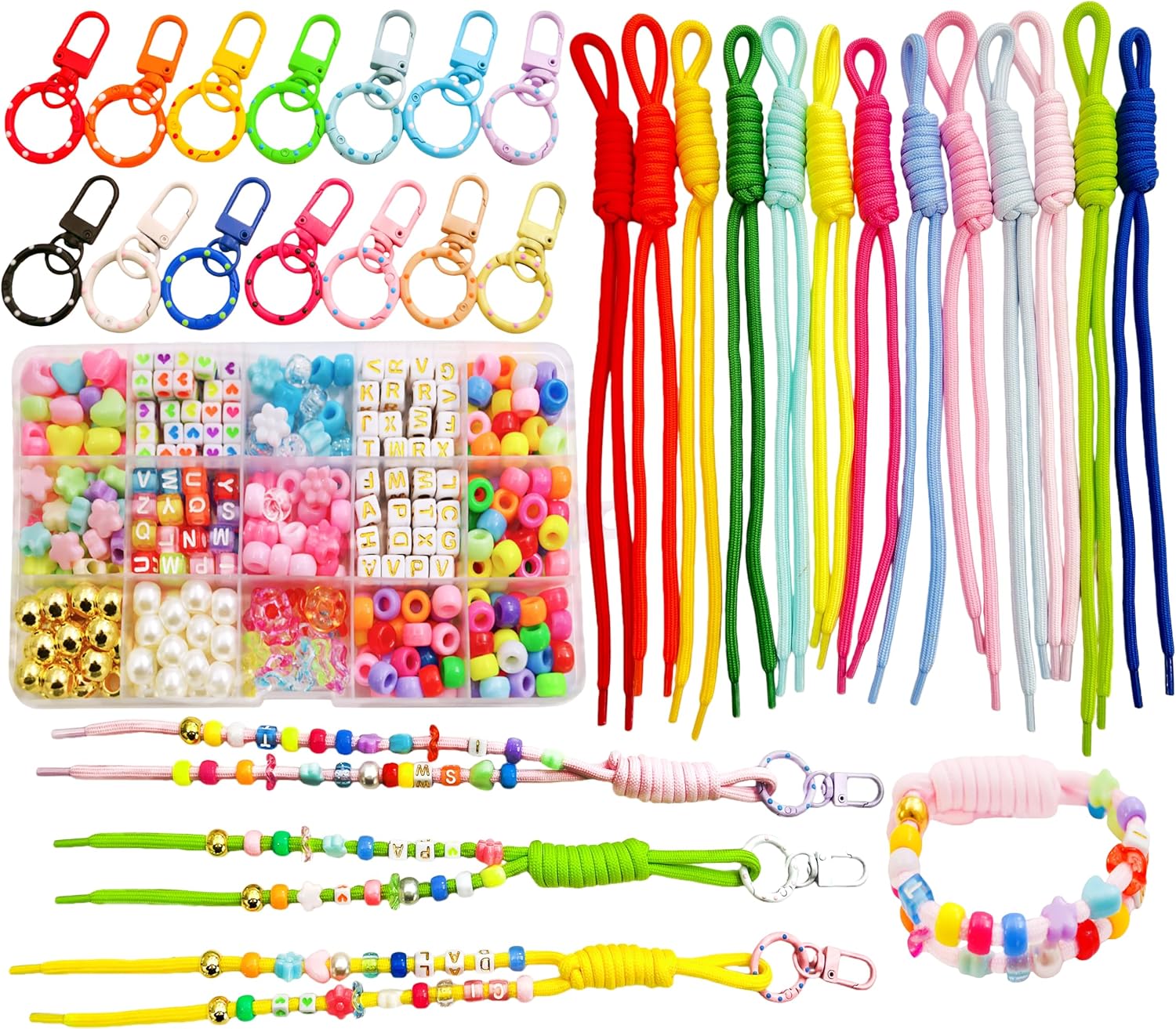 DOFE 440+Pcs Beaded Keychain Kit for Women,DIY Bag Charm& Bracelet Kit with Rainbow Beads & 14PCS Paracords Rope Colorful Key Ring,Create Bag Charms, Phone Straps, Gifts for Adult. (440)