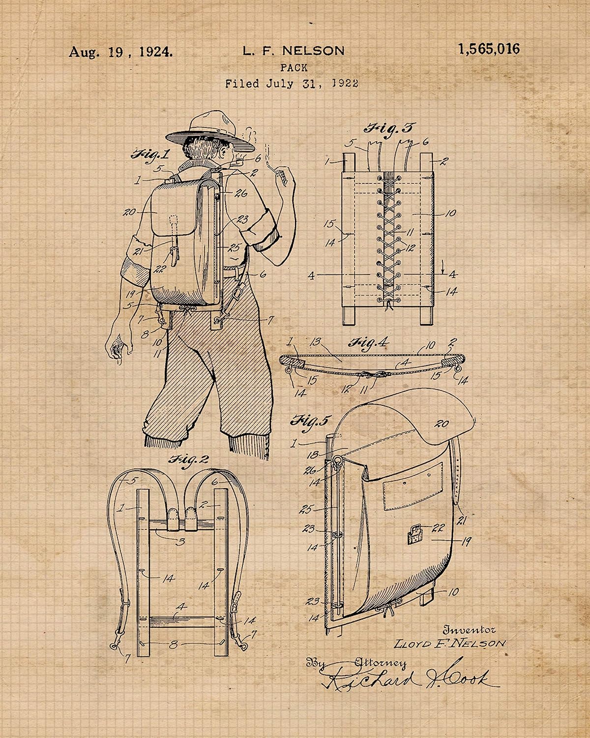 Classic Hiking Gear Tools Patent Prints, 6 (8x10) Unframed Photo, Wall Art Decor for Home Work Office Sportsman Garage Hunting Fishing Camping Nature Outdoors Shop School Student Teacher Coach
