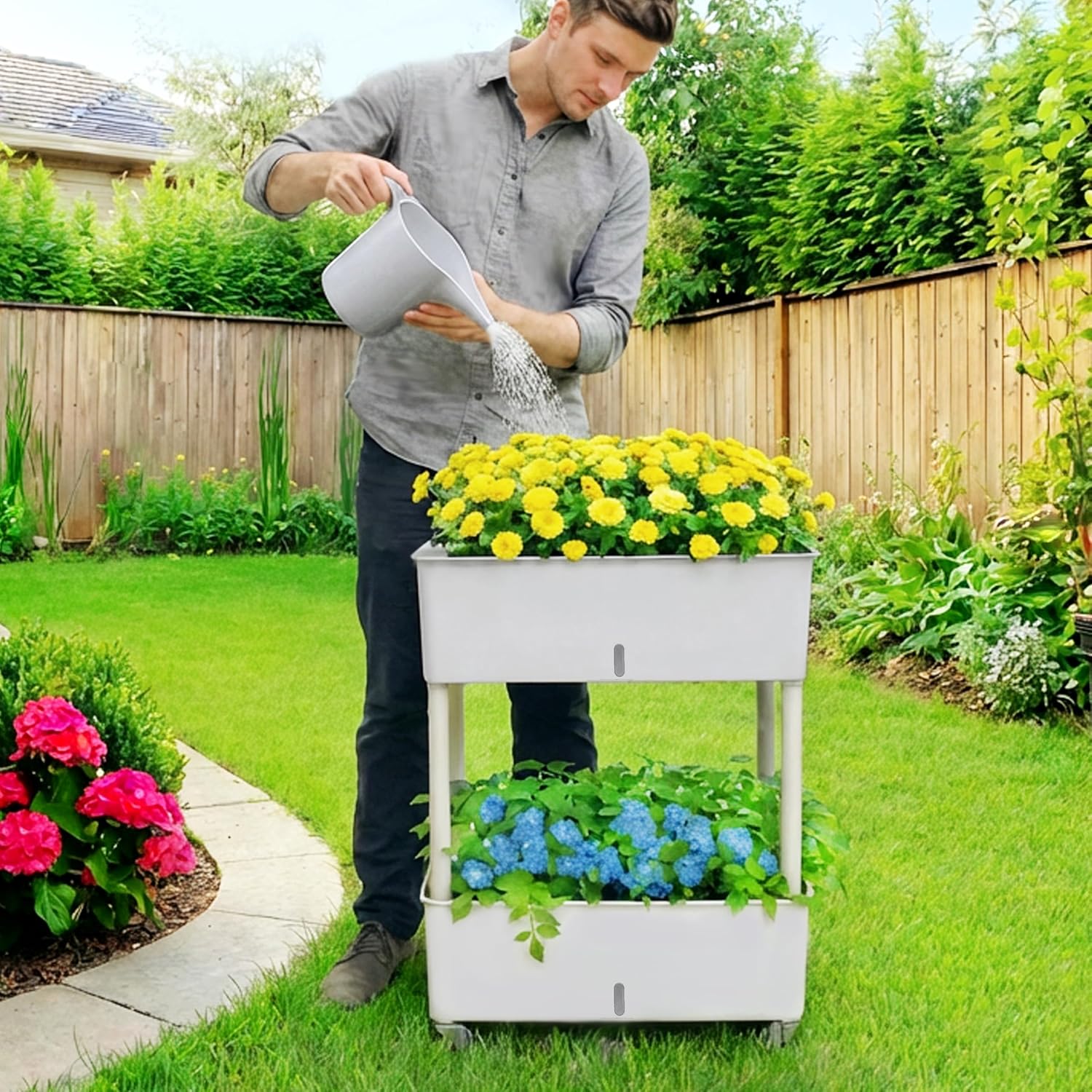 2-Tier Rolling Raised Garden Bed with Wheels, 27.8" H x 18.3" L x 10" W, Gray PP Plastic Planter Box for Vegetables Herbs Flowers Outdoor - Portable, Durable, Rustproof