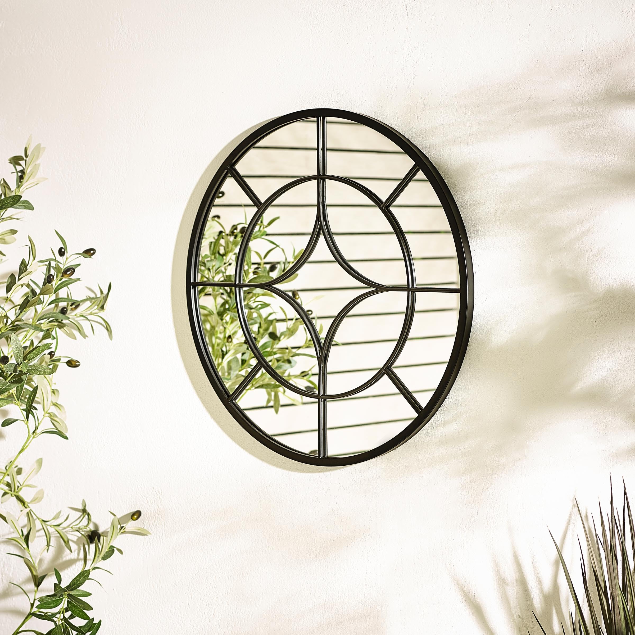 Furniturebox UK Outdoor Accessories, Compass Black Metal Medium Round Garden Mirror, 90cm Window Style Wall Hanging, Painted Iron Frame, PVC Backing, Keyhole Hanging, Rustic Gothic Design