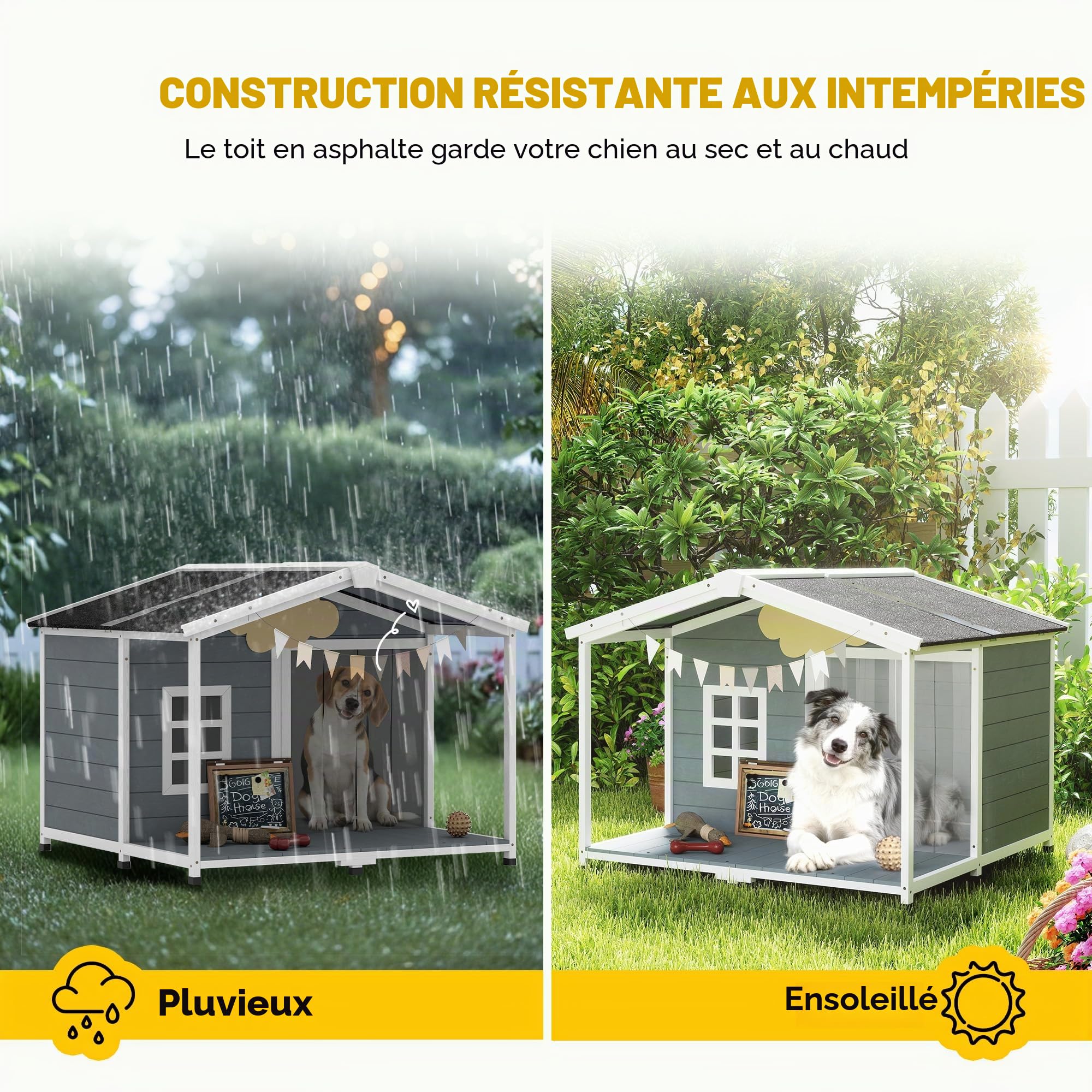 PawHut Maison en Bois imperméable pour Chien Gris 103x107x83.5cm | Chenil surélevé, toit en asphalte pliable, terrasse, fenêtre, cabane extérieure, pour chiens moyens jusqu'à 20 kg