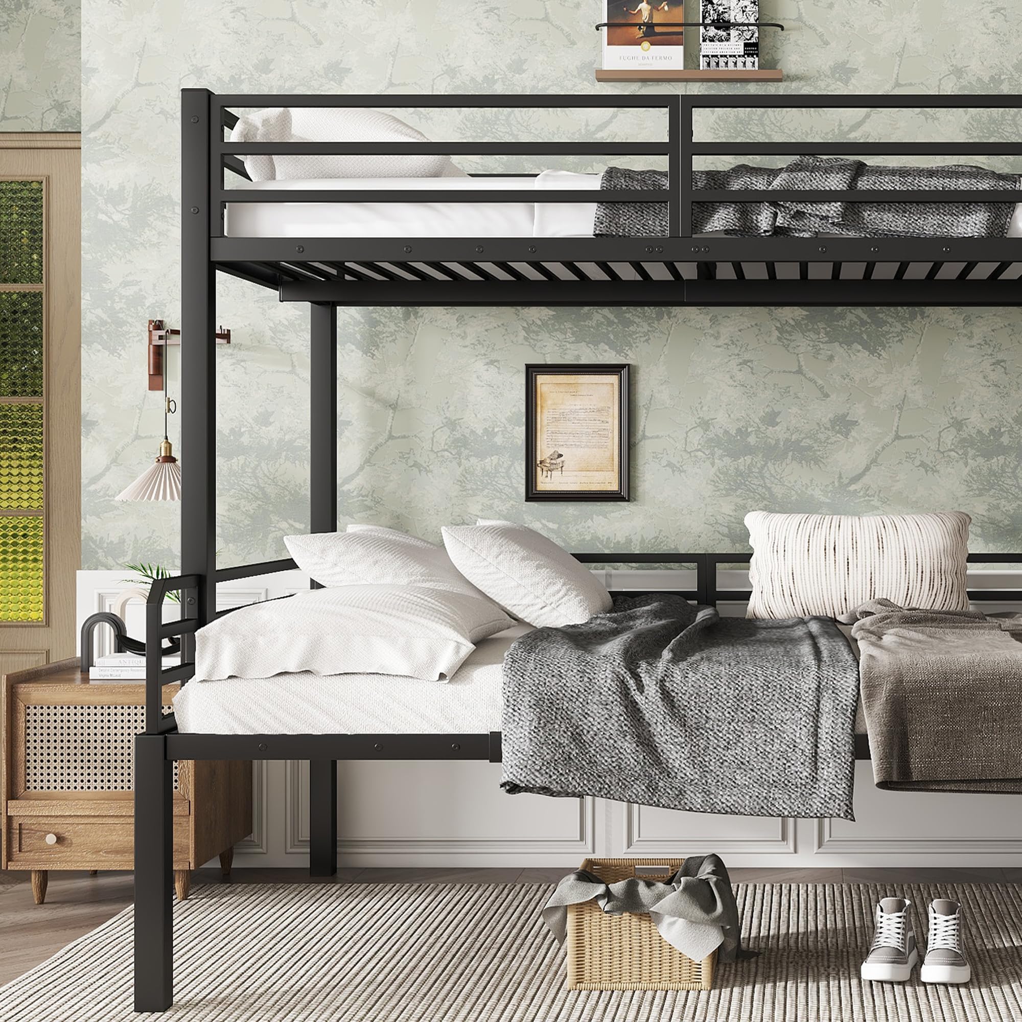 LAKFEW Litera de Metal 90x200 & 120x200 cm con Escalera y Barandilla Anticaída, Cama Infantil con Estante, Cama para Niños, Literas para Adultos, Literas Juveniles, Negro, Sin Colchon