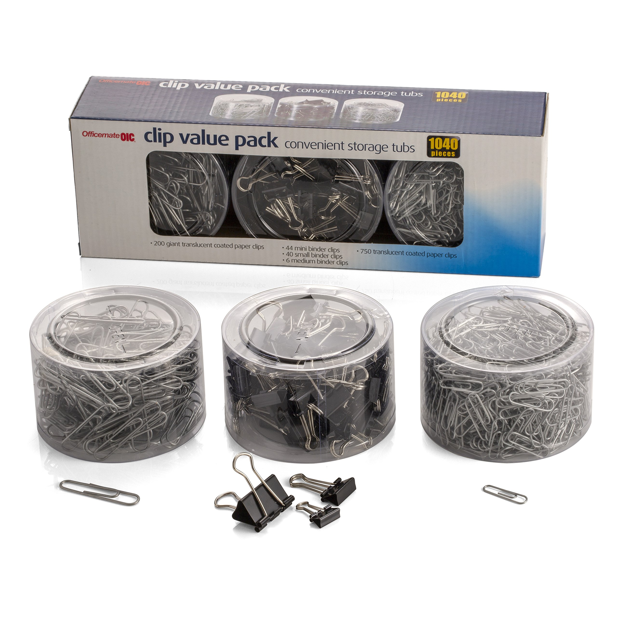 Officemateoic Clip Value Pack 1040 pièces, 200 géant avec revêtement trombones, 750# 2 avec revêtement trombones, 44 Mini, 40 et 6 Petit Medium Noir à anneaux Clips (97300) four