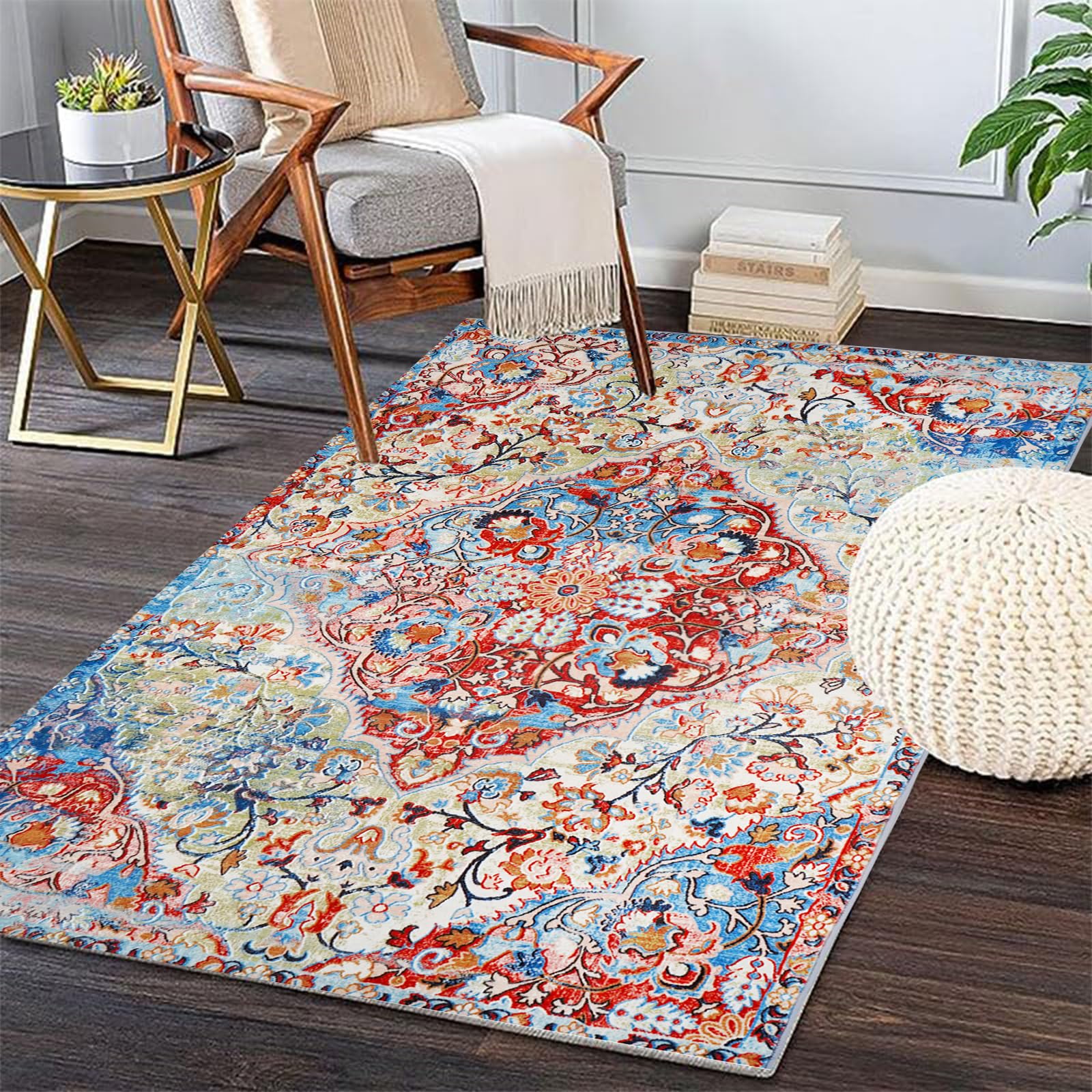 Tcatec 210x 150CM Boho Tribal Area Rug Orange Oriental Rugs Bohemian Medallion Rug Floral Washable Large Rugs Persian Rugs Vintage Farmhouse Carpet Rug for living room Dining Room Office Home Decor