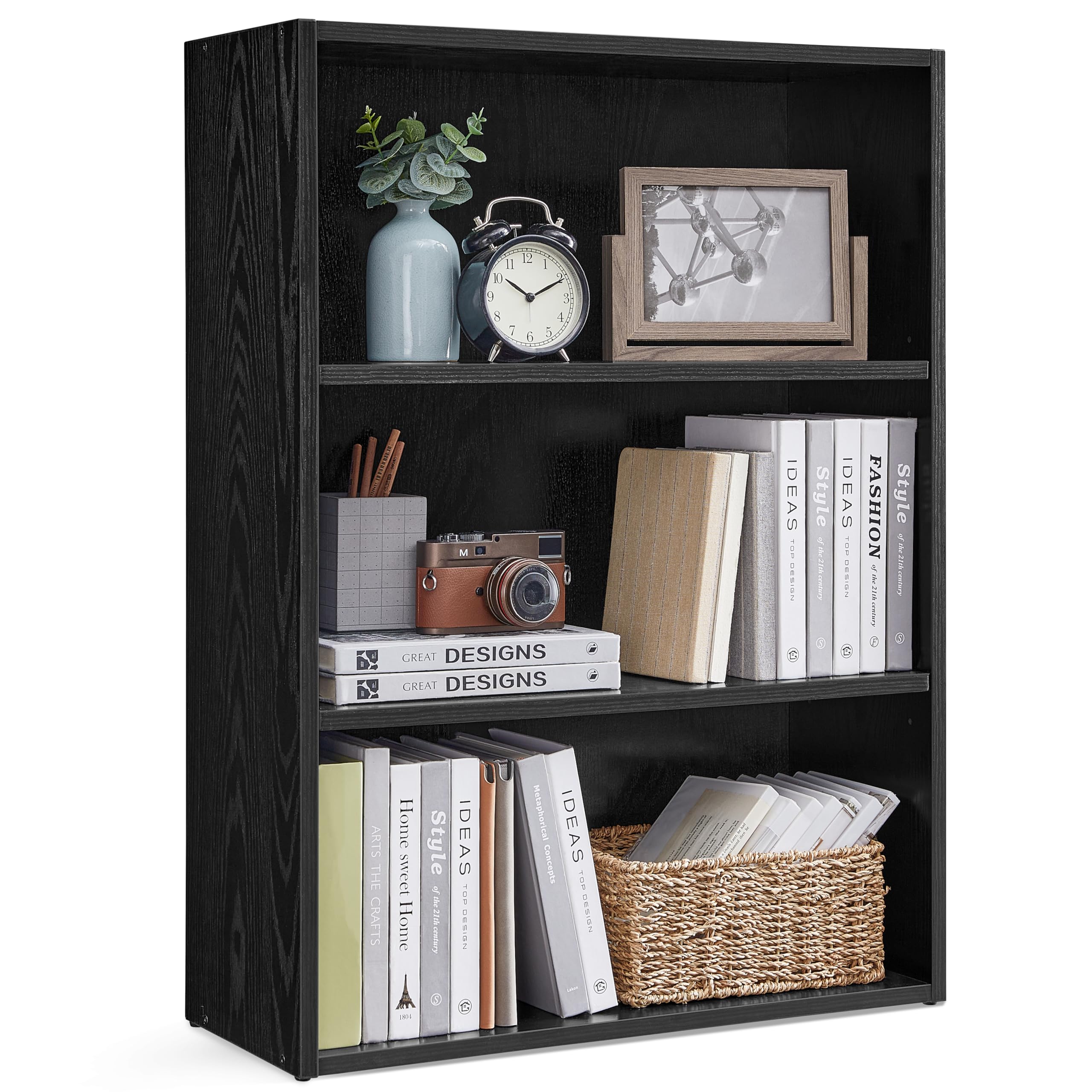 vasagle bookshelf, 23.6 inches wide, 3-tier open bookcase with adjustable storage shelves, floor standing unit, ebony black ulbc163t56