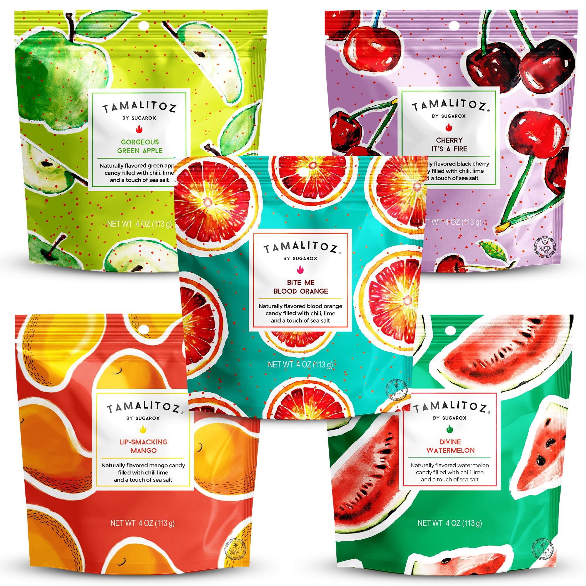 - Tamalitoz Variety Pack – Spicy Mexican Hard Candy with Chile, Lime & Sea Salt, 5 Flavors: Blood Orange, Mango, Green Apple, Cherry, Watermelon – Gluten-Free, Kosher Certified – 5 Bags (4oz Each)
