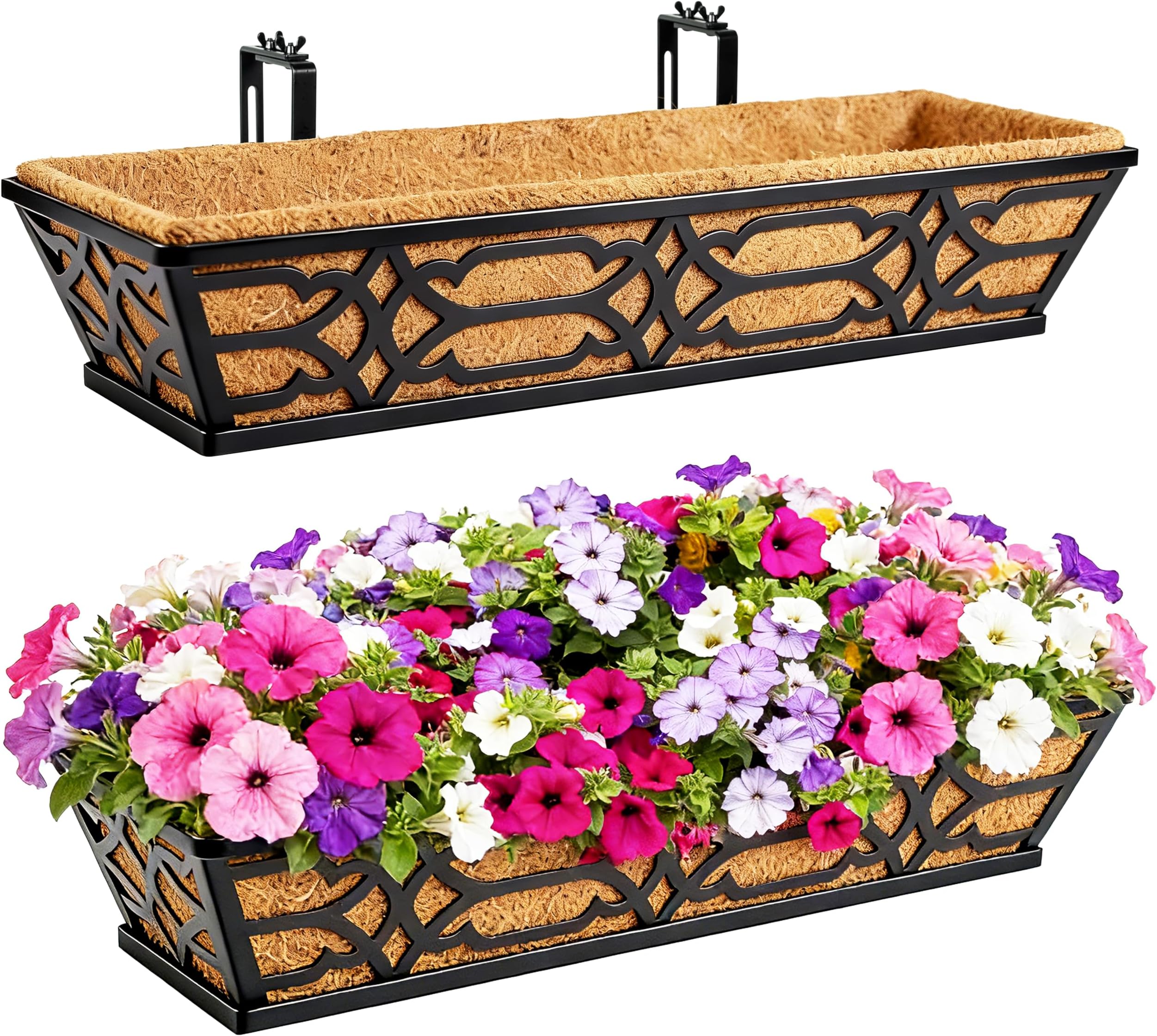 Railing Planter Box, Window Boxes Planters Outdoor 2 Pack 30 Inch Hanging Planter with Adjustable Bracket for Porch, Fence Flower Baskets with Coco Liners