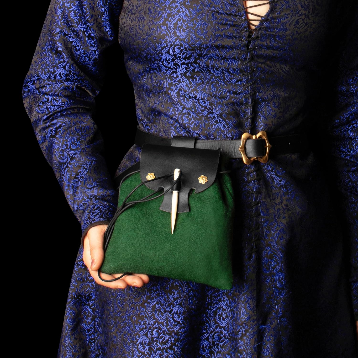 Mythrojan Belt Pouch Medieval Small Woolen Leather Belt Pouch LARP Renaissance Waist Bag for Cosplay, LARP, Reenactments - Green & Black, 7" x 7" - Image 4