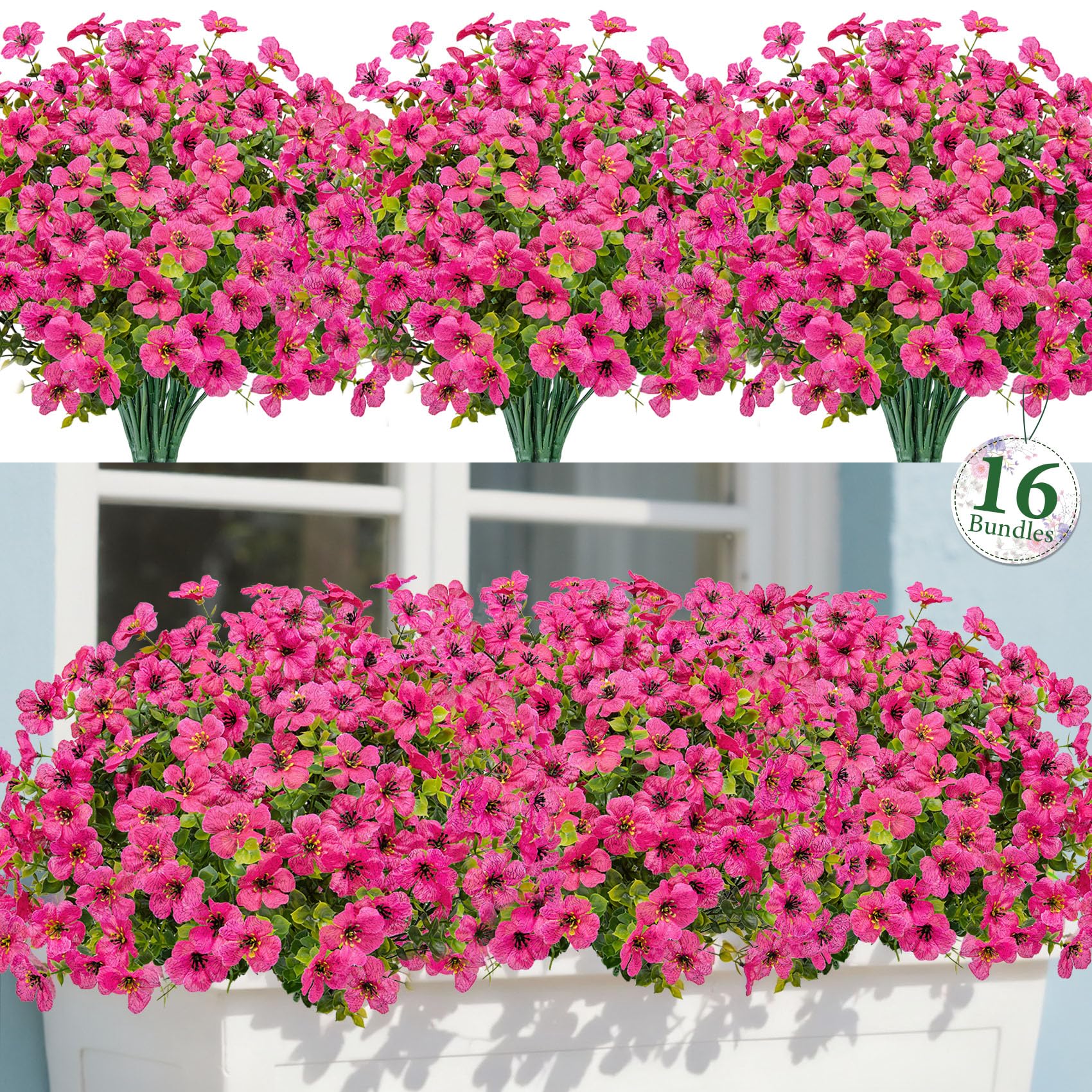 Bassion 16 Bundles Artificial Flowers for Outdoors Fake Flowers, Fuschia