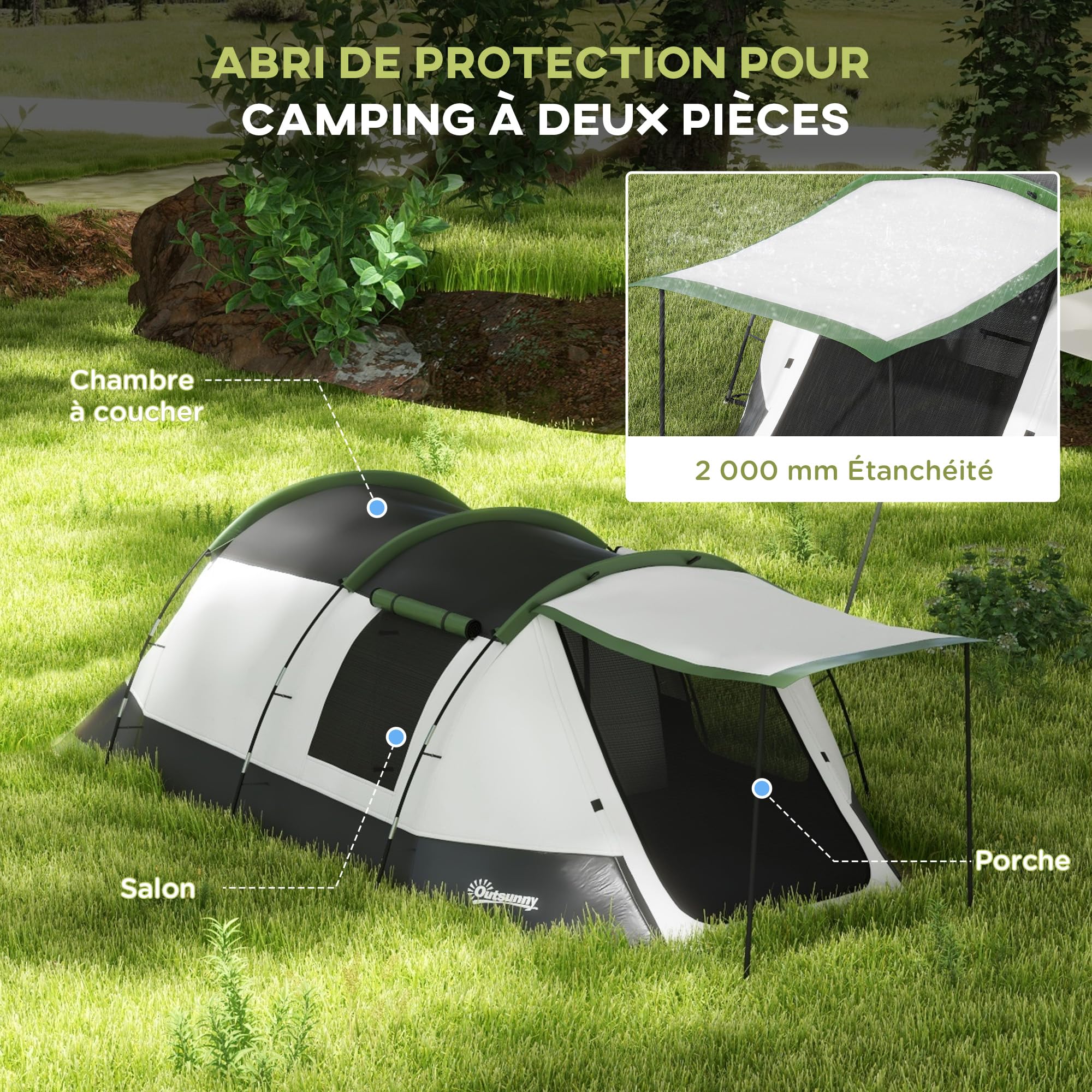 Outsunny Tente de Camping familiale 3-4 pers. - Tente Tunnel avec Porche étanche 3000 mm légère ventilée Facile à Monter - Sac de Transport Inclus - Gris