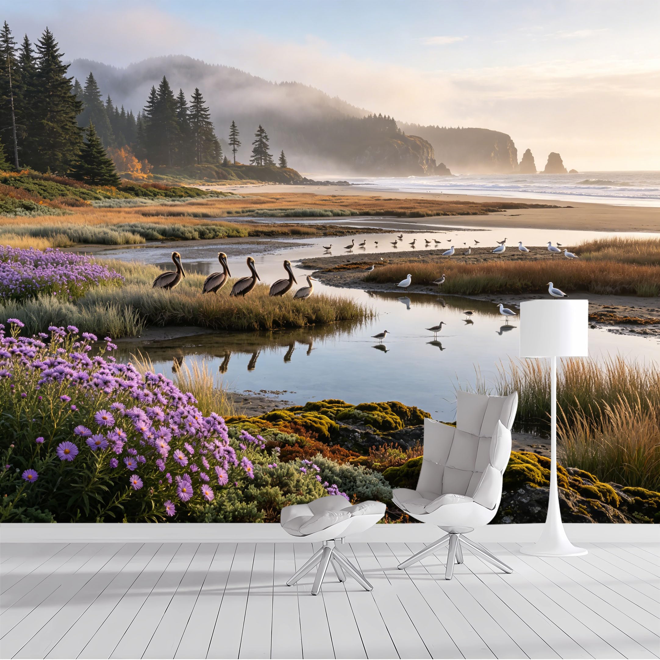 Custom Size Wall Mural Coastal Marsh Birds Tranquil Landscape Watercolor SelfAdhesive Wall Fabric Removable Peel and Stick Wallpaper Wall Decor for Living Room Bedroom Bathroom