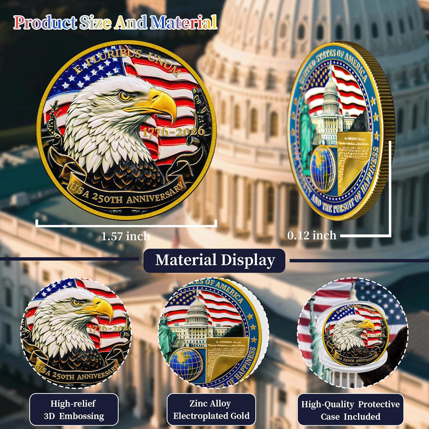 16Pcs USA 250th Anniversary Commemorative Coin,1776-2026, Double-Sided High Relief, Patriotic Collectible Gift for Veterans & History Collectors, America 250 Merchandise