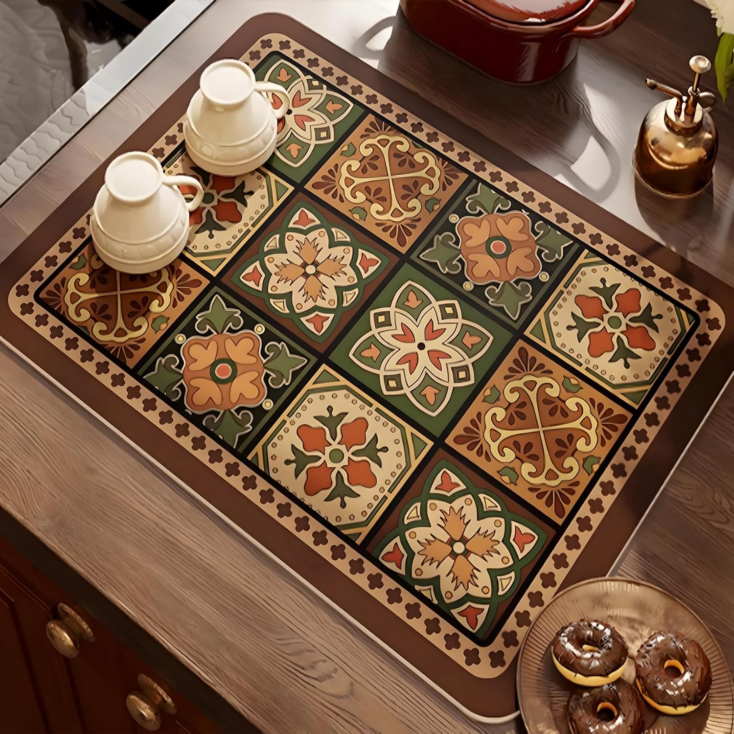 Coffee Mat, Boho Style Dish Drying Mat, Fast Water Absorption, Hide Stains, Easy to Clean, Fit Coffee Bar Accessories, Bar Mats for Countertop (17"x31.5", Boho Checkered)